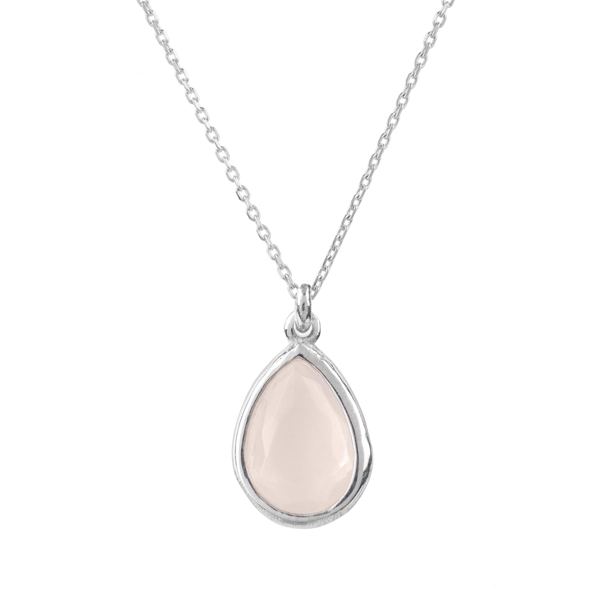 Pisa Mini Teardrop Necklace featuring a silver chain and rose quartz gemstone, elegantly designed for delicate jewelry lovers.