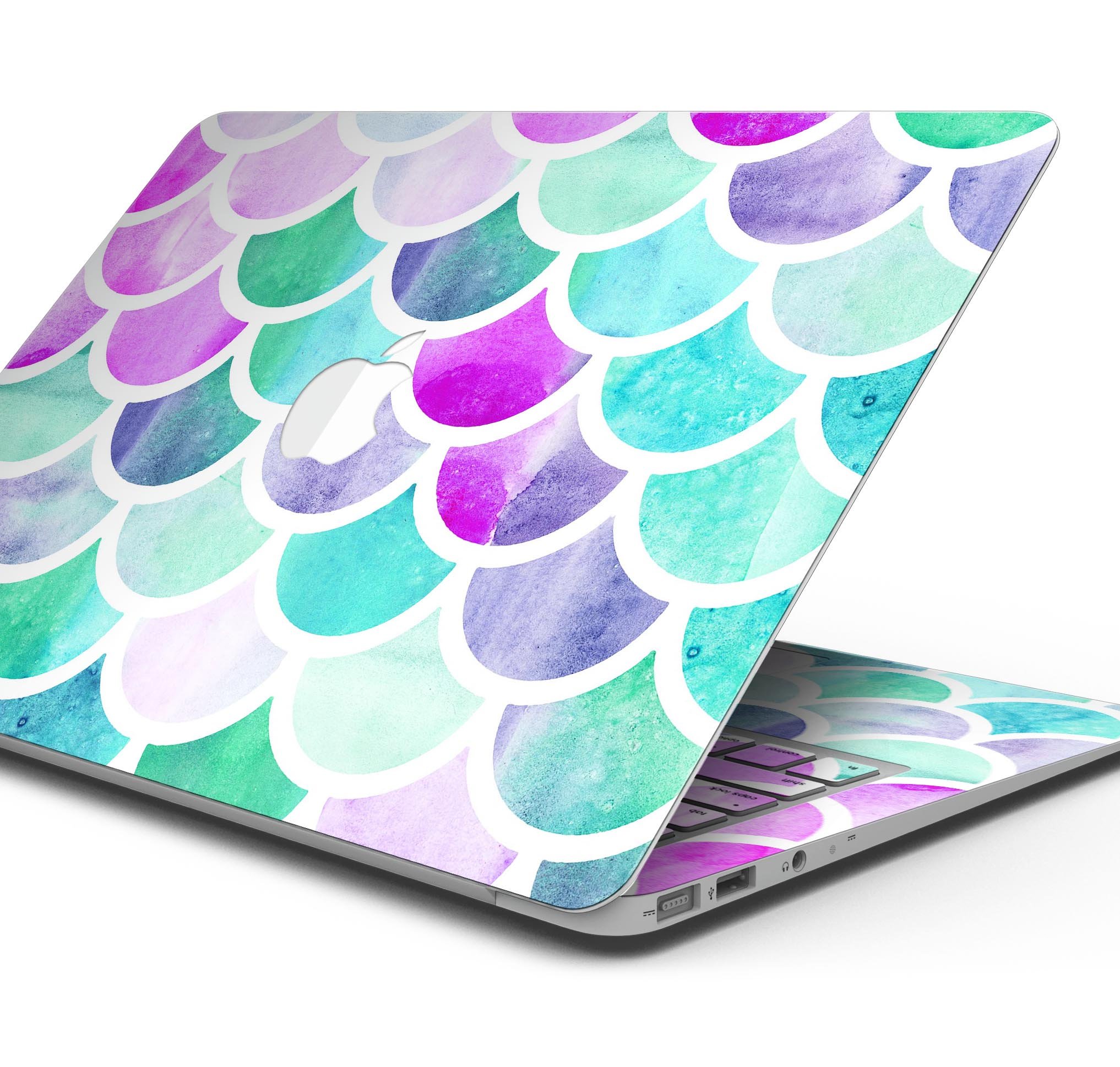 Pop Mermaid Scales skin decal wrap kit for Apple MacBook, showcasing vibrant mermaid scale design and premium vinyl material.