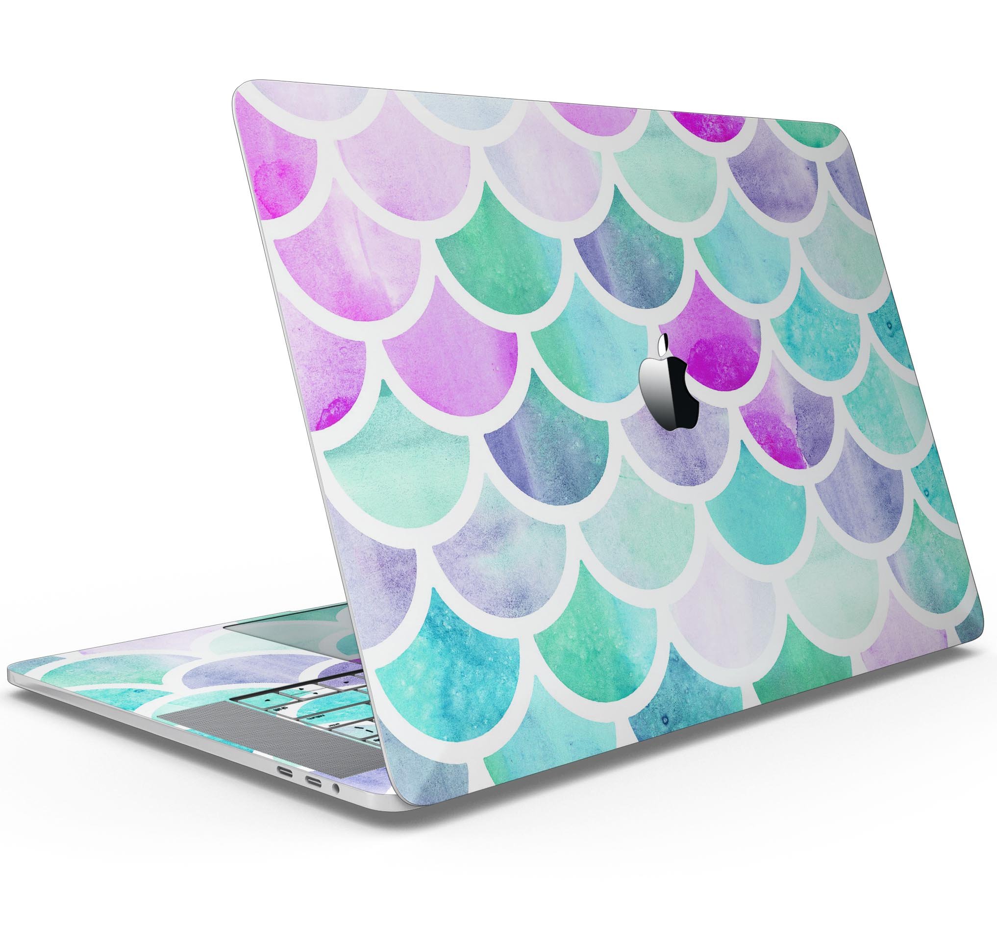 Pop Mermaid Scales skin decal wrap kit for Apple MacBook, showcasing vibrant mermaid scale design and premium vinyl material.