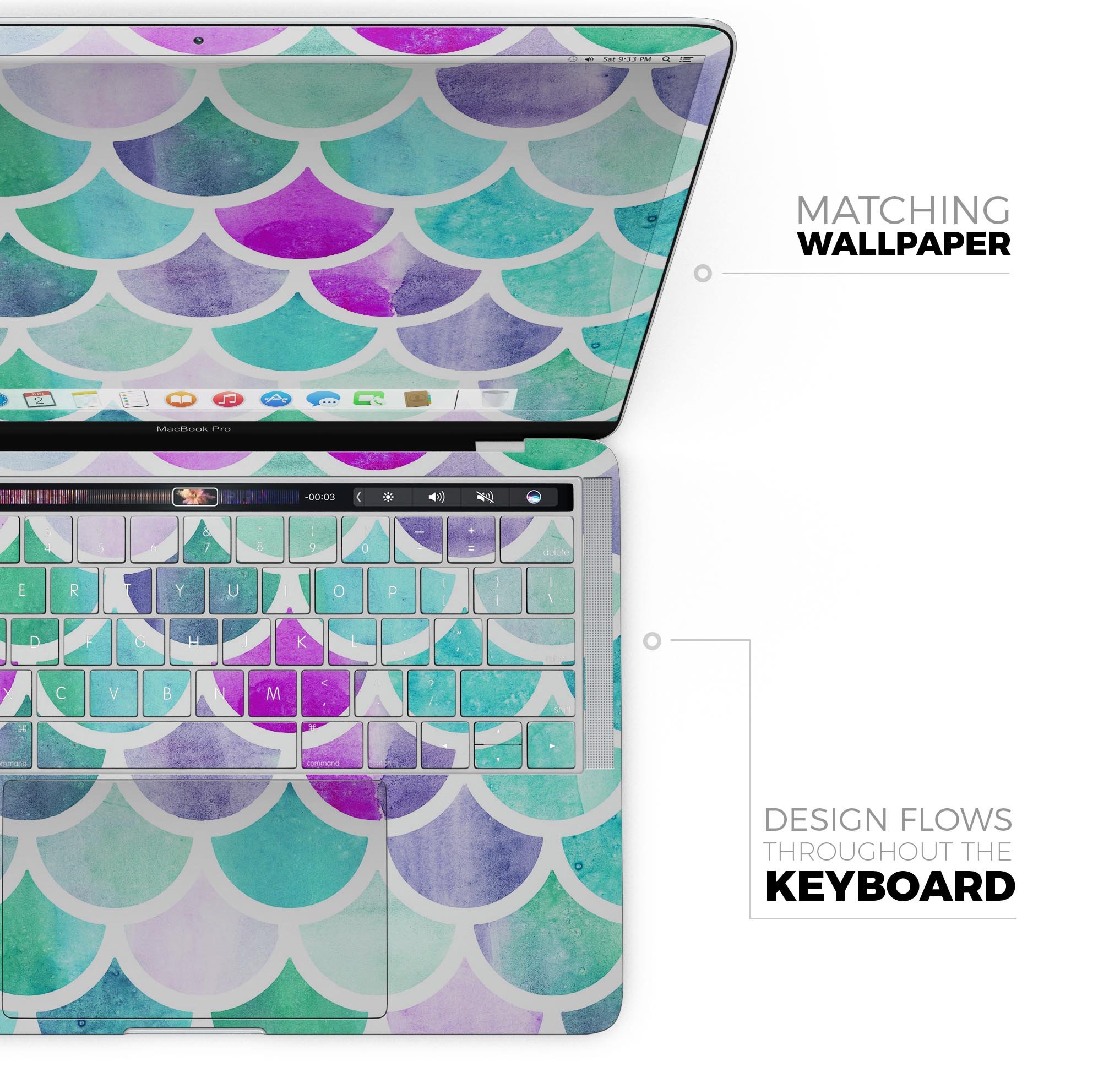 Pop Mermaid Scales skin decal wrap kit for Apple MacBook, showcasing vibrant mermaid scale design and premium vinyl material.