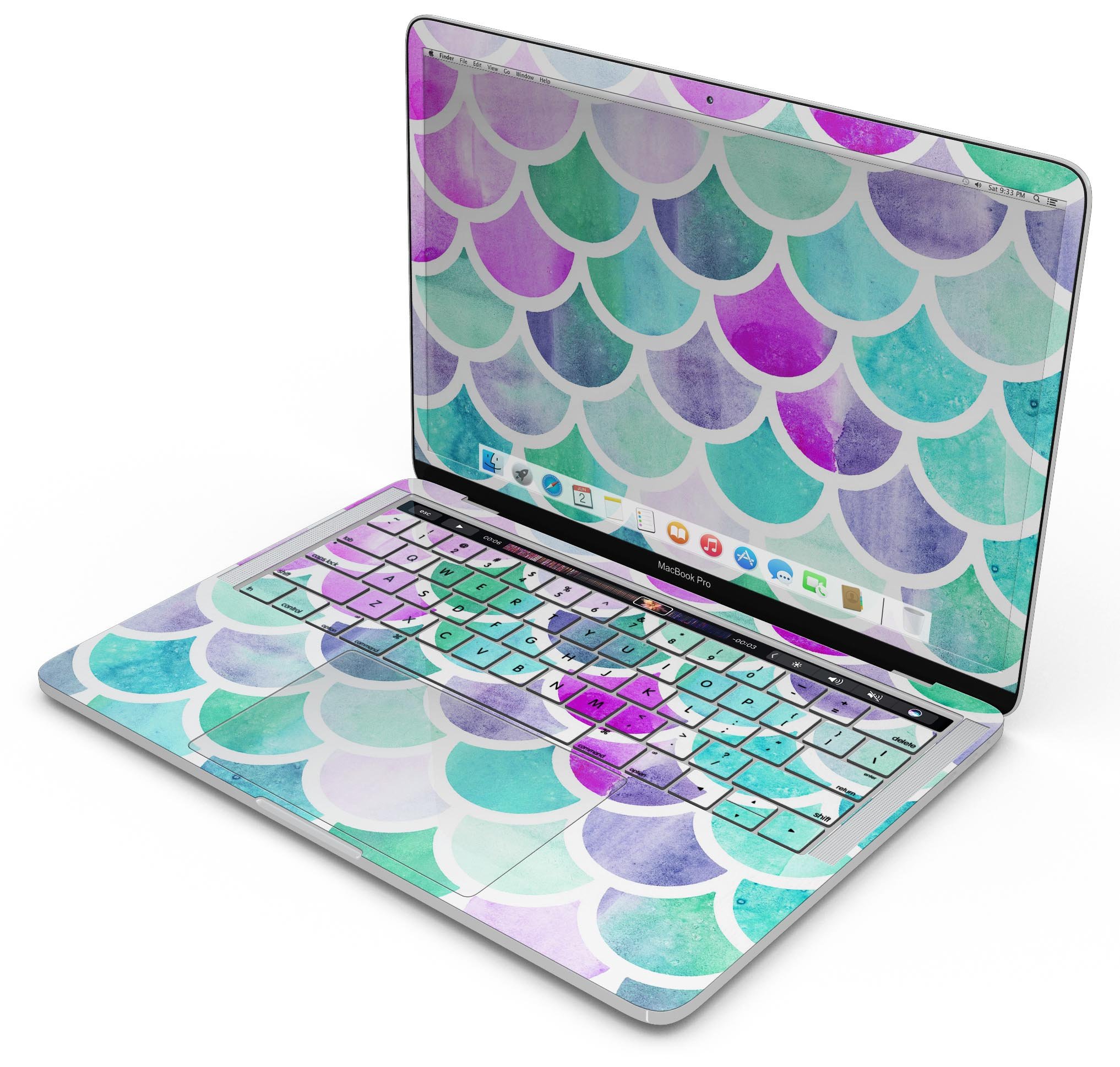 Pop Mermaid Scales skin decal wrap kit for Apple MacBook, showcasing vibrant mermaid scale design and premium vinyl material.