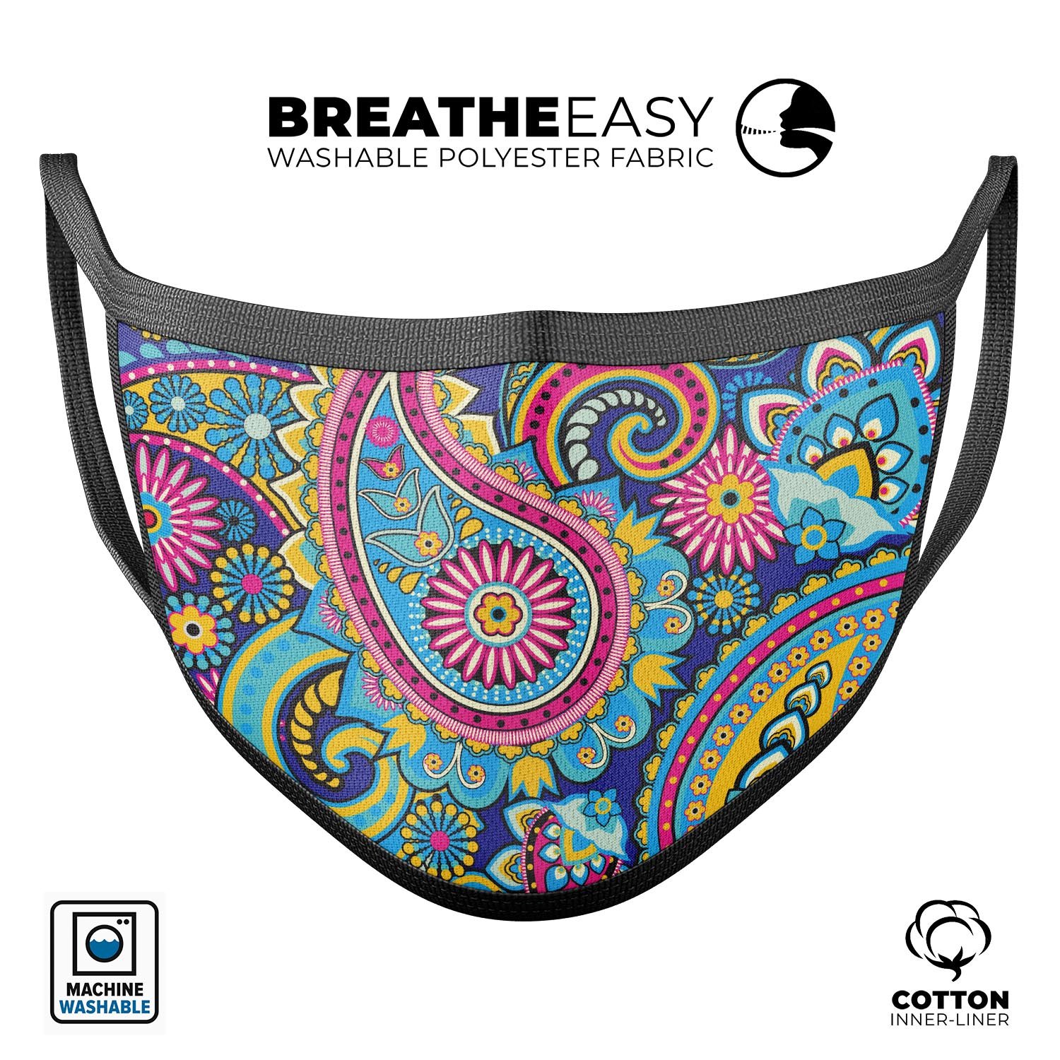 Popping Paisley mouth cover, unisex anti-dust cotton mask with adjustable ear loops, made in the USA.