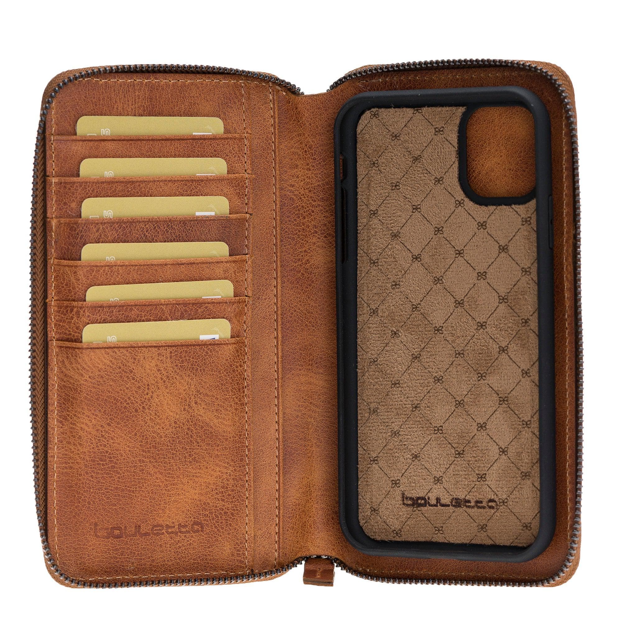 Pouch Detachable Leather Wallet Case for Apple iPhone 11 Series in black, showcasing card compartments and a zipped coin pocket.