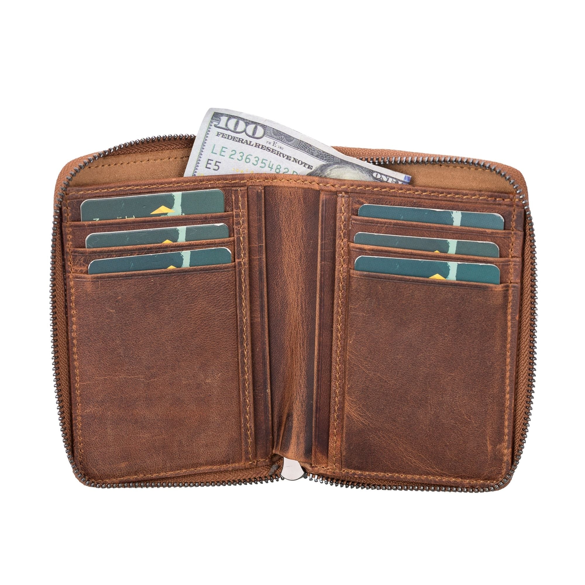 Powell Handmade Unisex Leather Wallet featuring a zippered compartment, crafted from genuine leather in various colors.