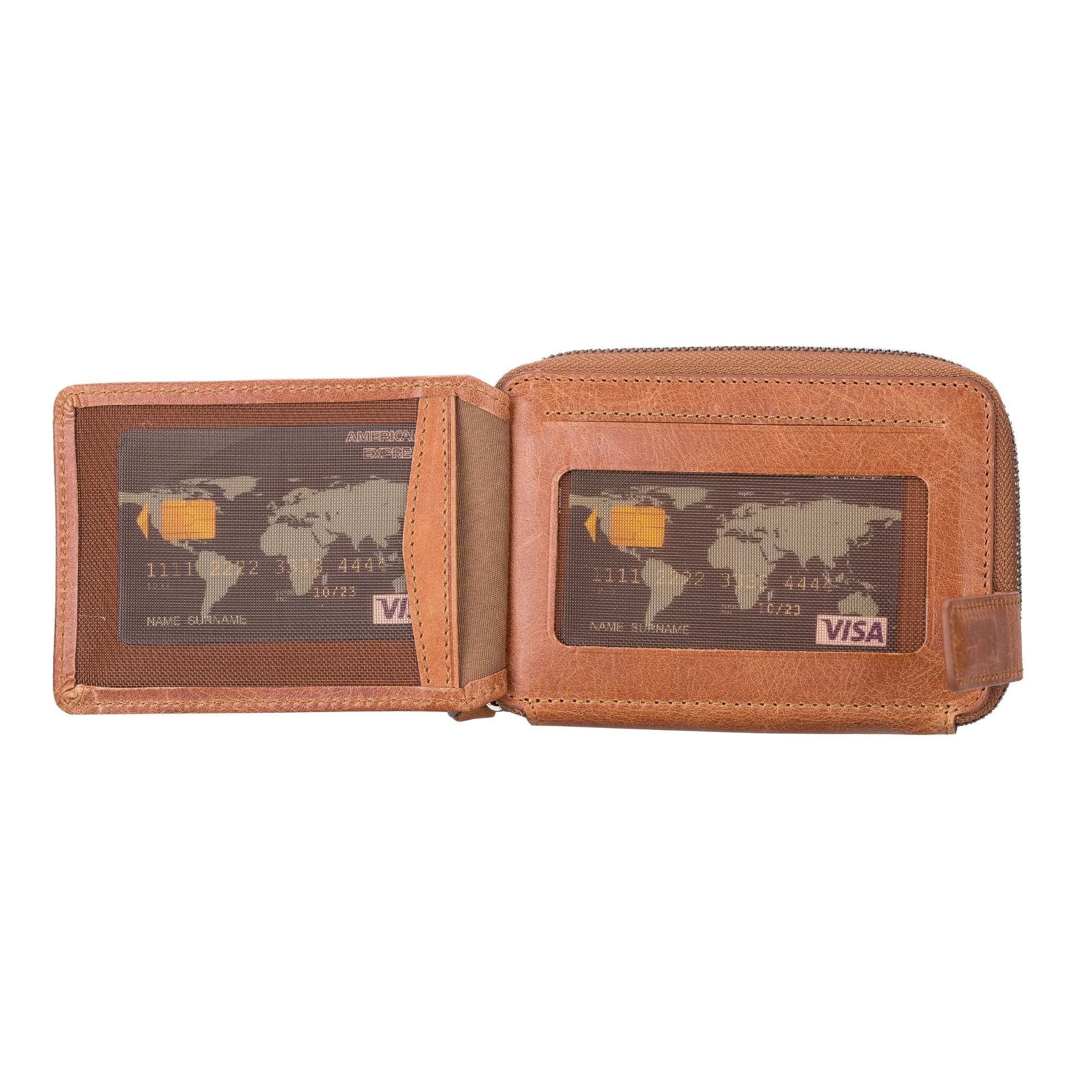Powell Handmade Unisex Leather Wallet featuring a zippered compartment, crafted from genuine leather in various colors.