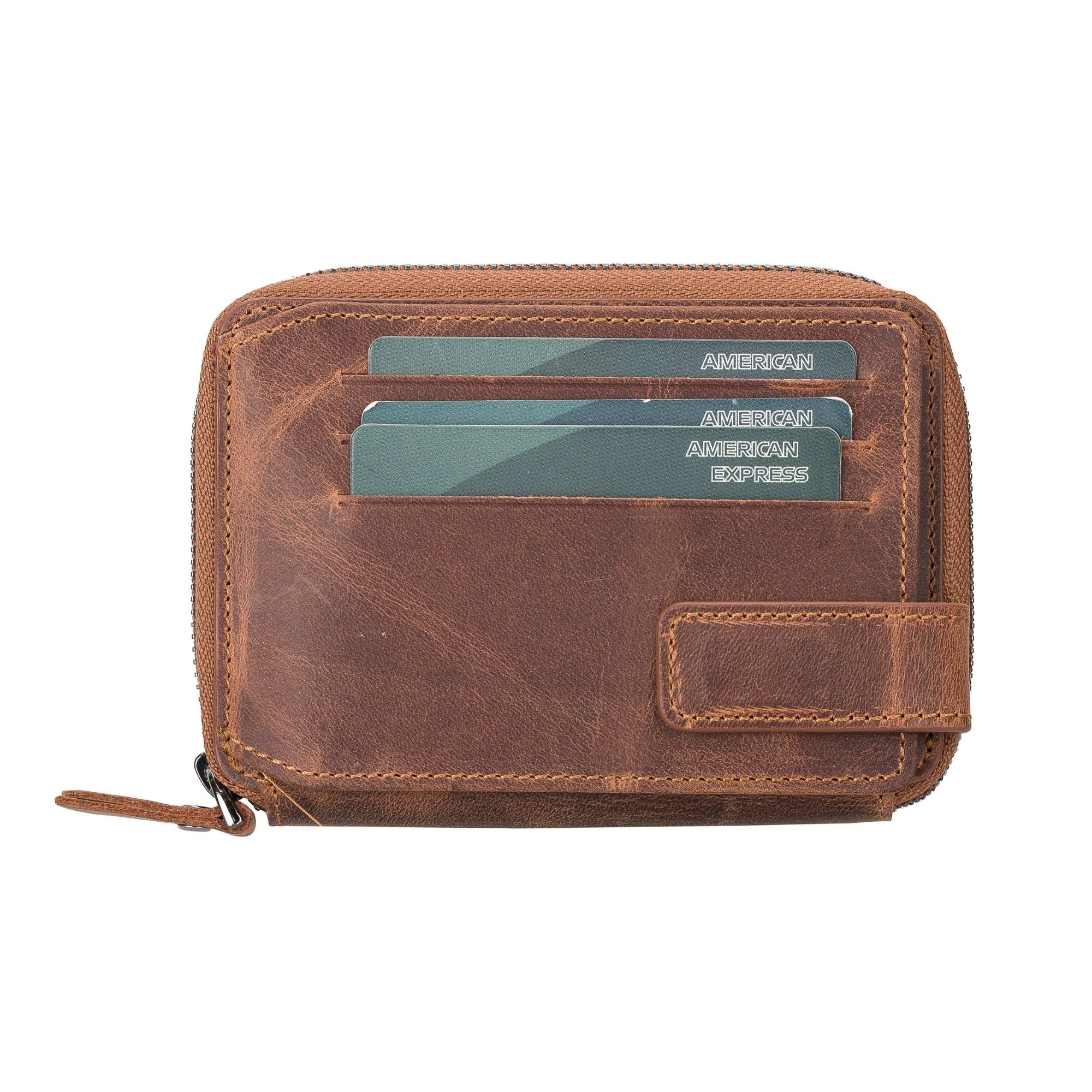Powell Handmade Unisex Leather Wallet featuring a zippered compartment, crafted from genuine leather in various colors.