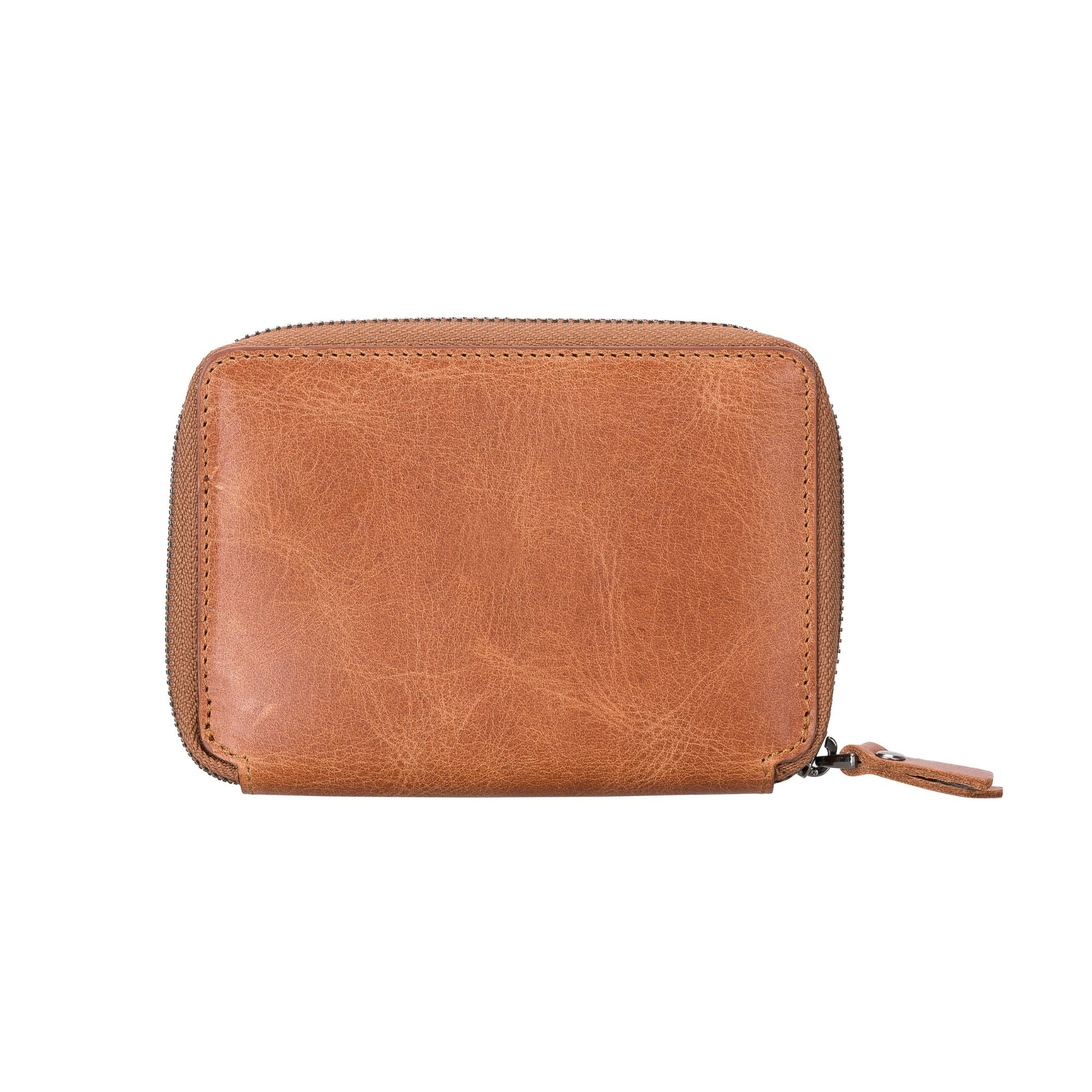Powell Handmade Unisex Leather Wallet featuring a zippered compartment, crafted from genuine leather in various colors.