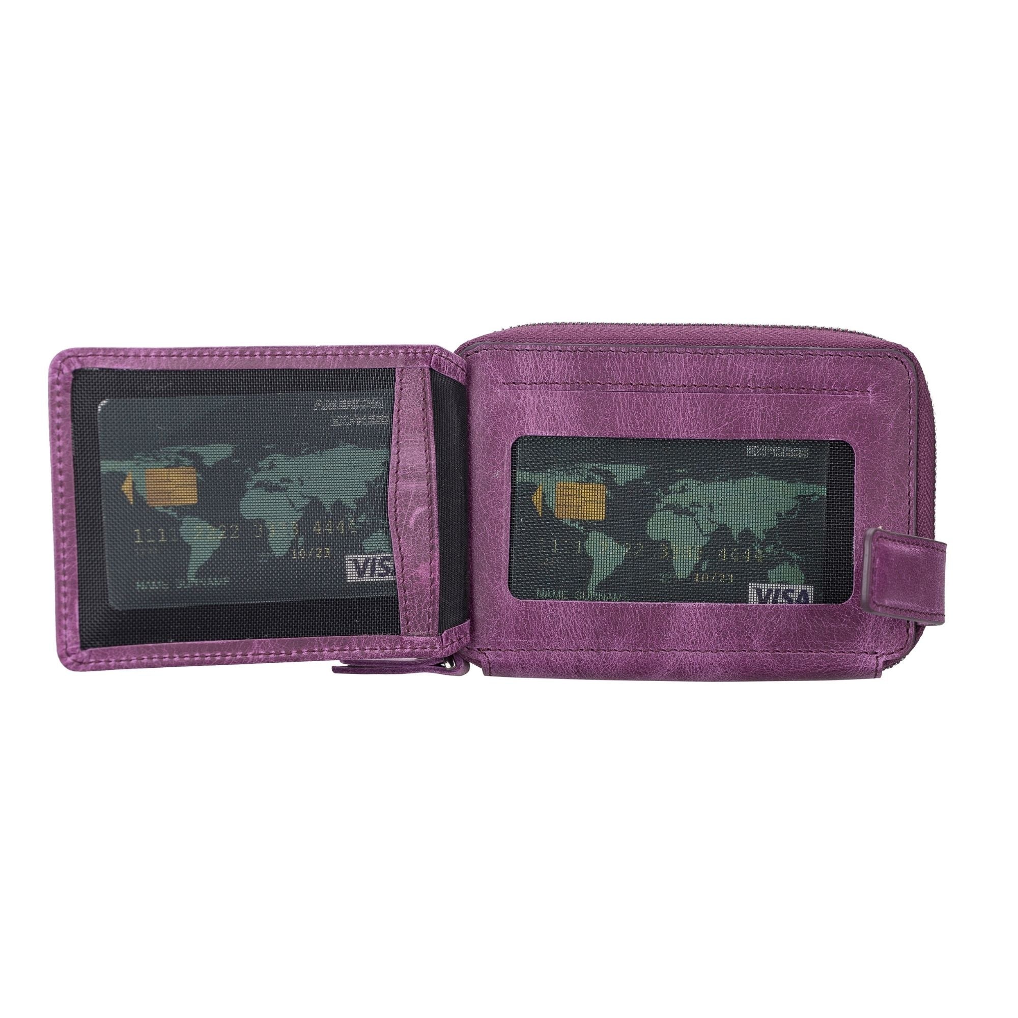 Powell Handmade Unisex Leather Wallet featuring a zippered compartment, crafted from genuine leather in various colors.