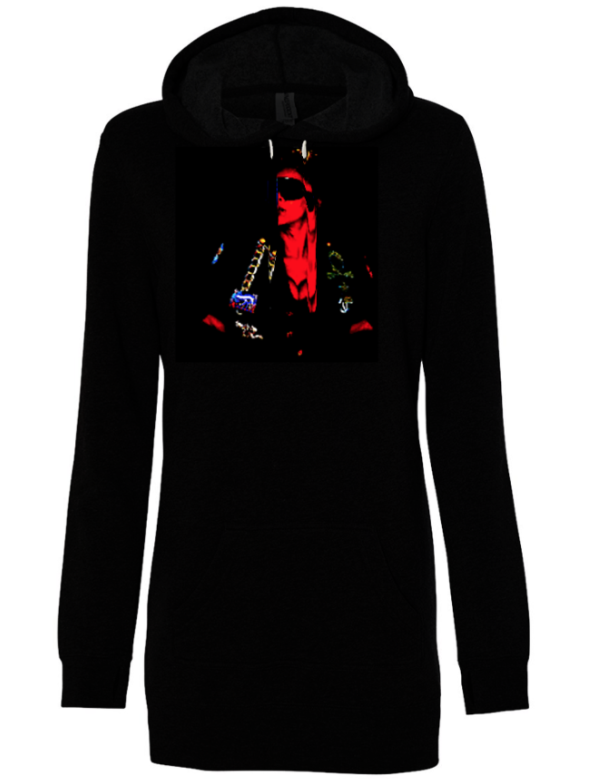 Prado LionBody Hoodie Dress in black featuring long sleeves and a graphic message, perfect for casual wear.