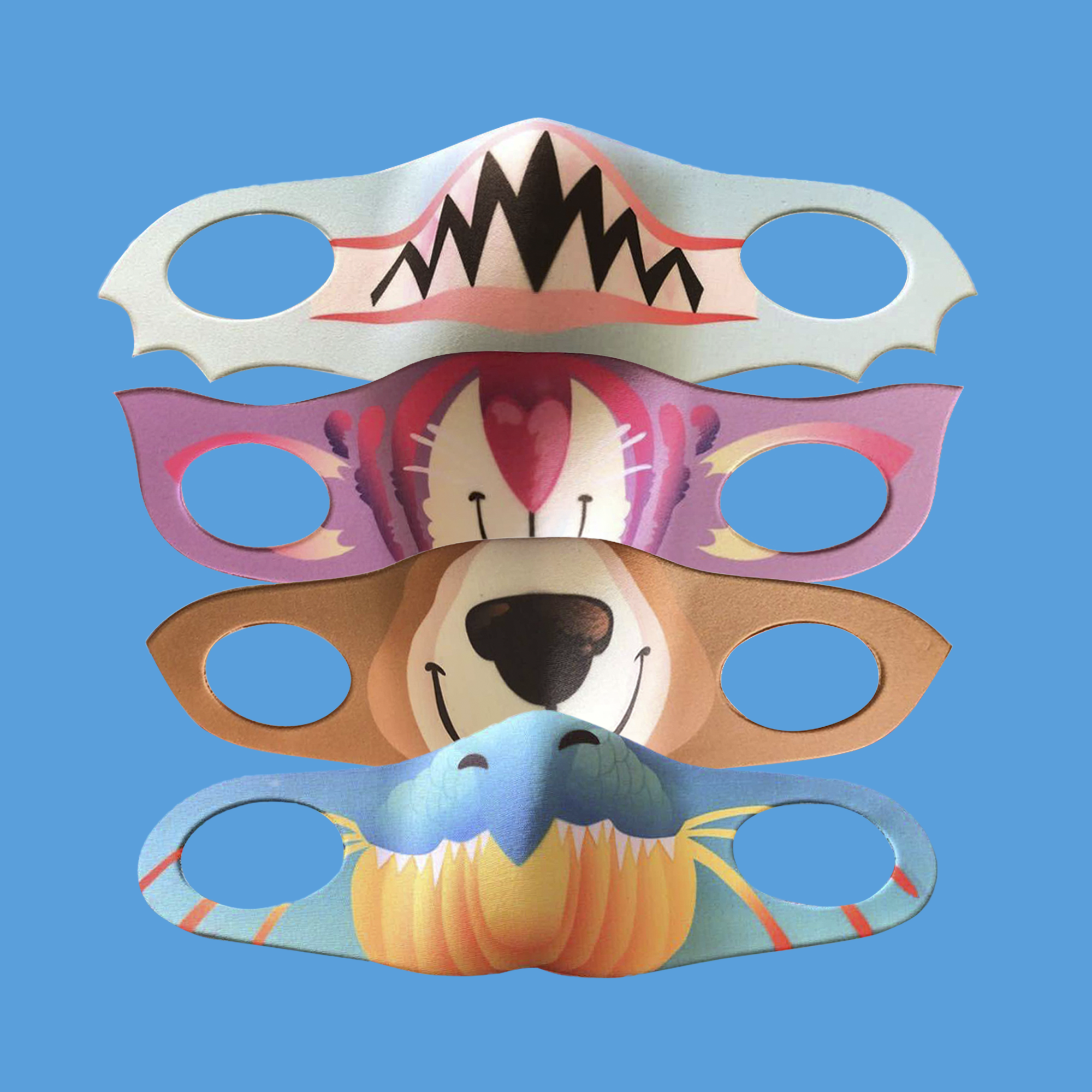 Premium Animal Printed Kids Ninja MASQ featuring Dragon, Cat, Dog, and Shark designs, perfect for kids' stylish comfort.