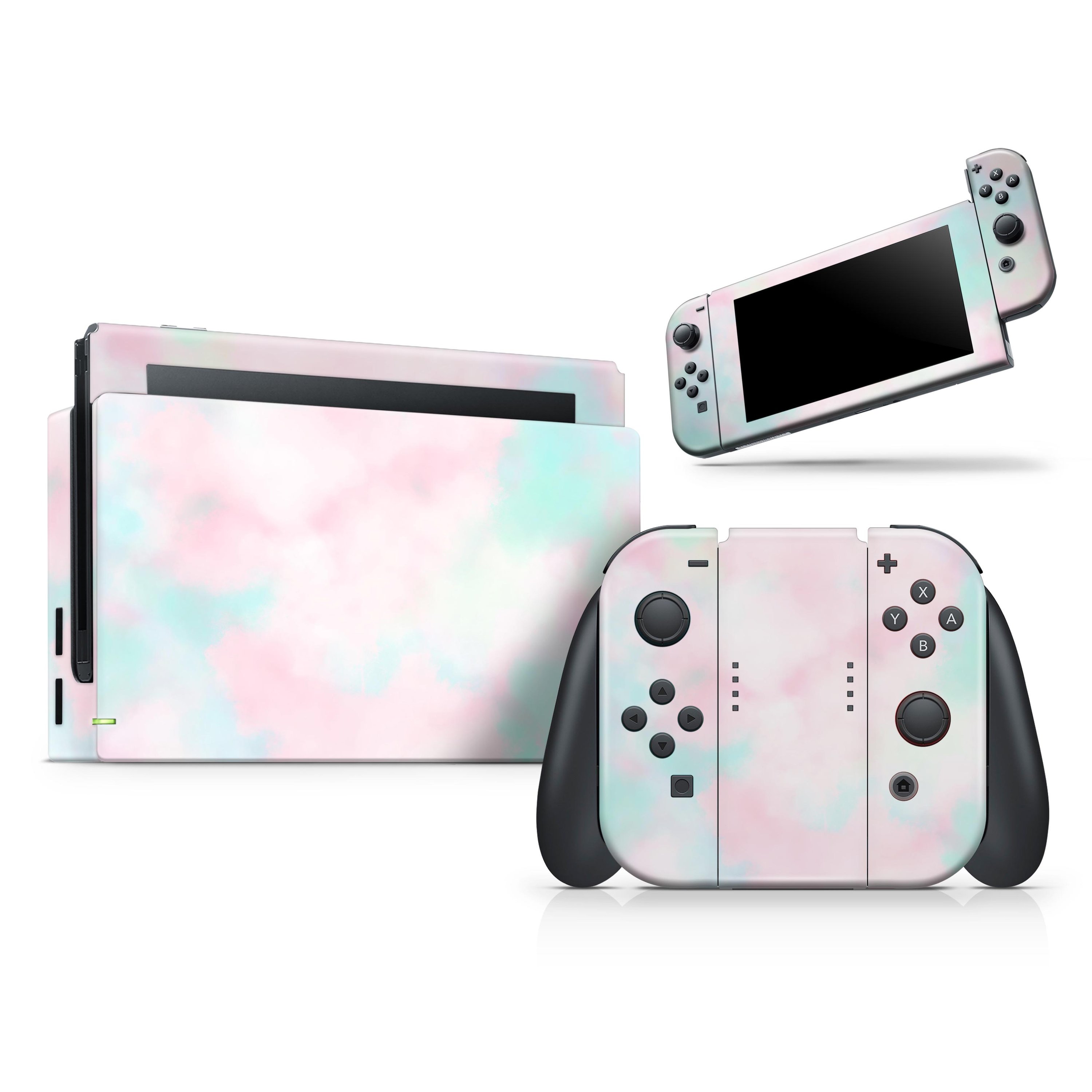Pretty Pastel Clouds V7 skin decal wrap kit for Nintendo Switch, showcasing a colorful and stylish design that fits snugly on the console.
