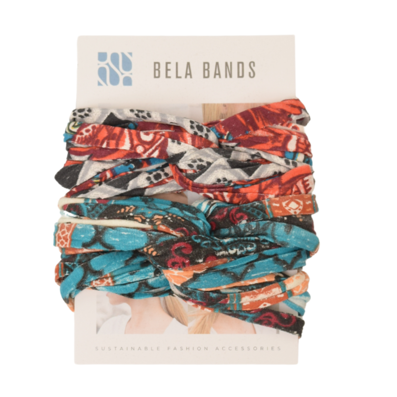 Two stylish Prints + Patterned Bela Bands in vibrant colors, showcasing their versatility as headbands and bracelets.