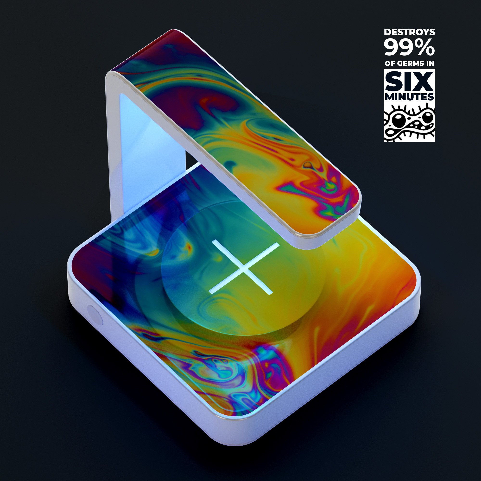 Psychedelic Abstract Oiled Vision V1 UV Germicidal Sanitizing wireless charger with decorative skin, showcasing its sleek design and functionality.