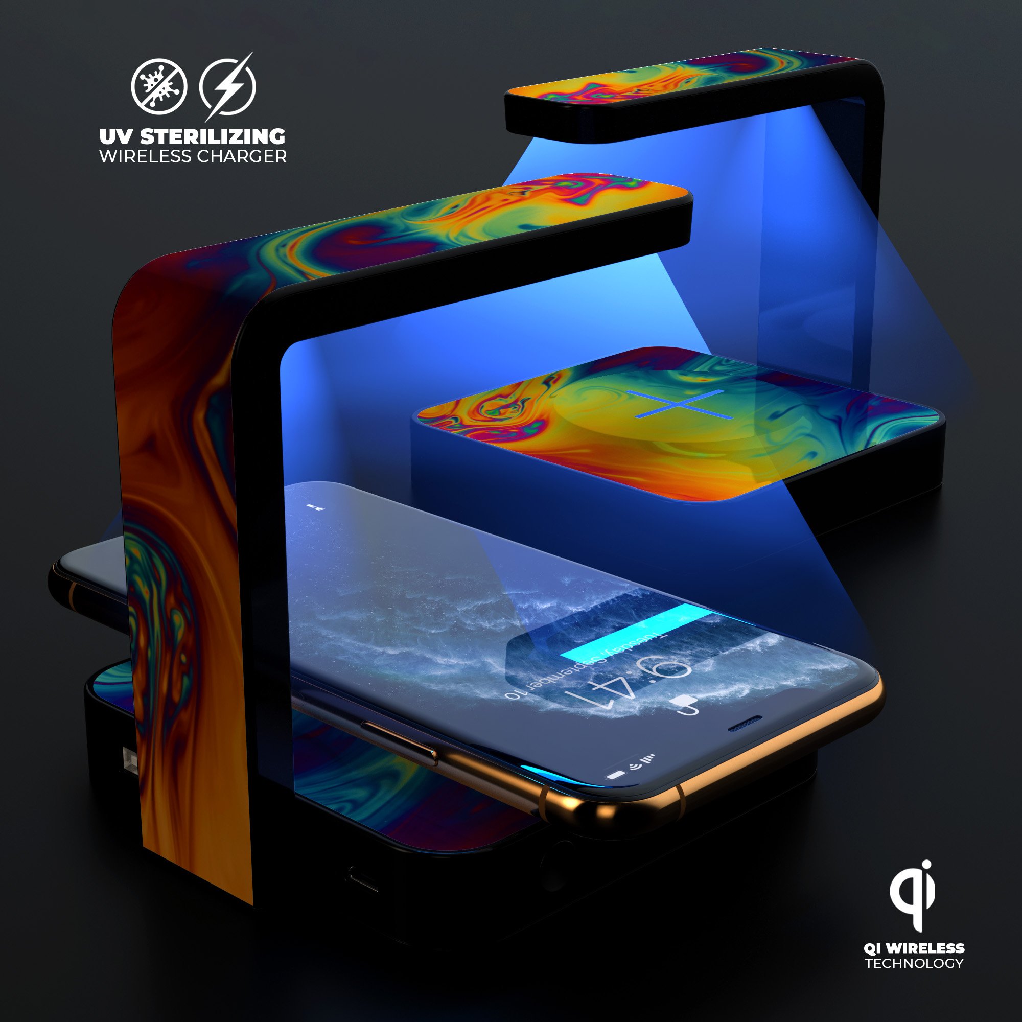 Psychedelic Abstract Oiled Vision V1 UV Germicidal Sanitizing wireless charger with decorative skin, showcasing its sleek design and functionality.
