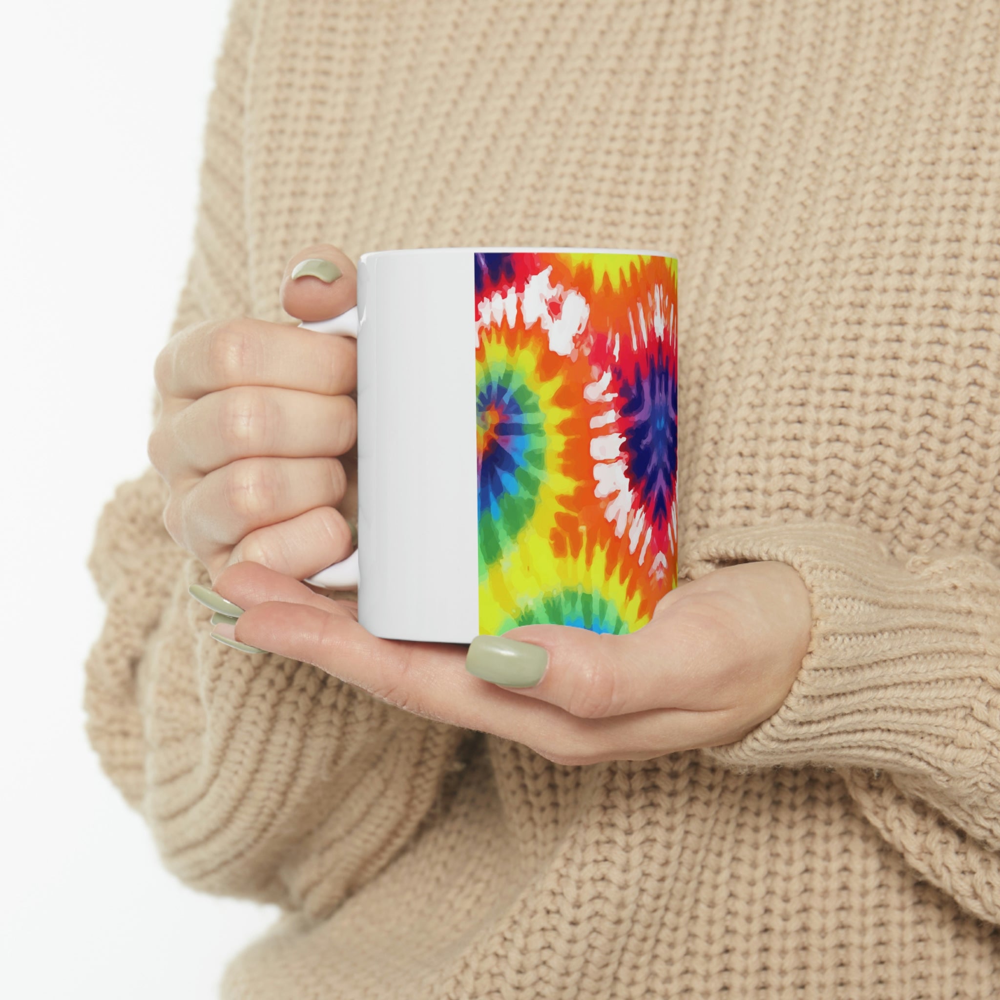 Psychedelic Rainbow Tie Dye Ceramic Mug with vibrant colors and unique design, perfect for coffee and tea lovers.