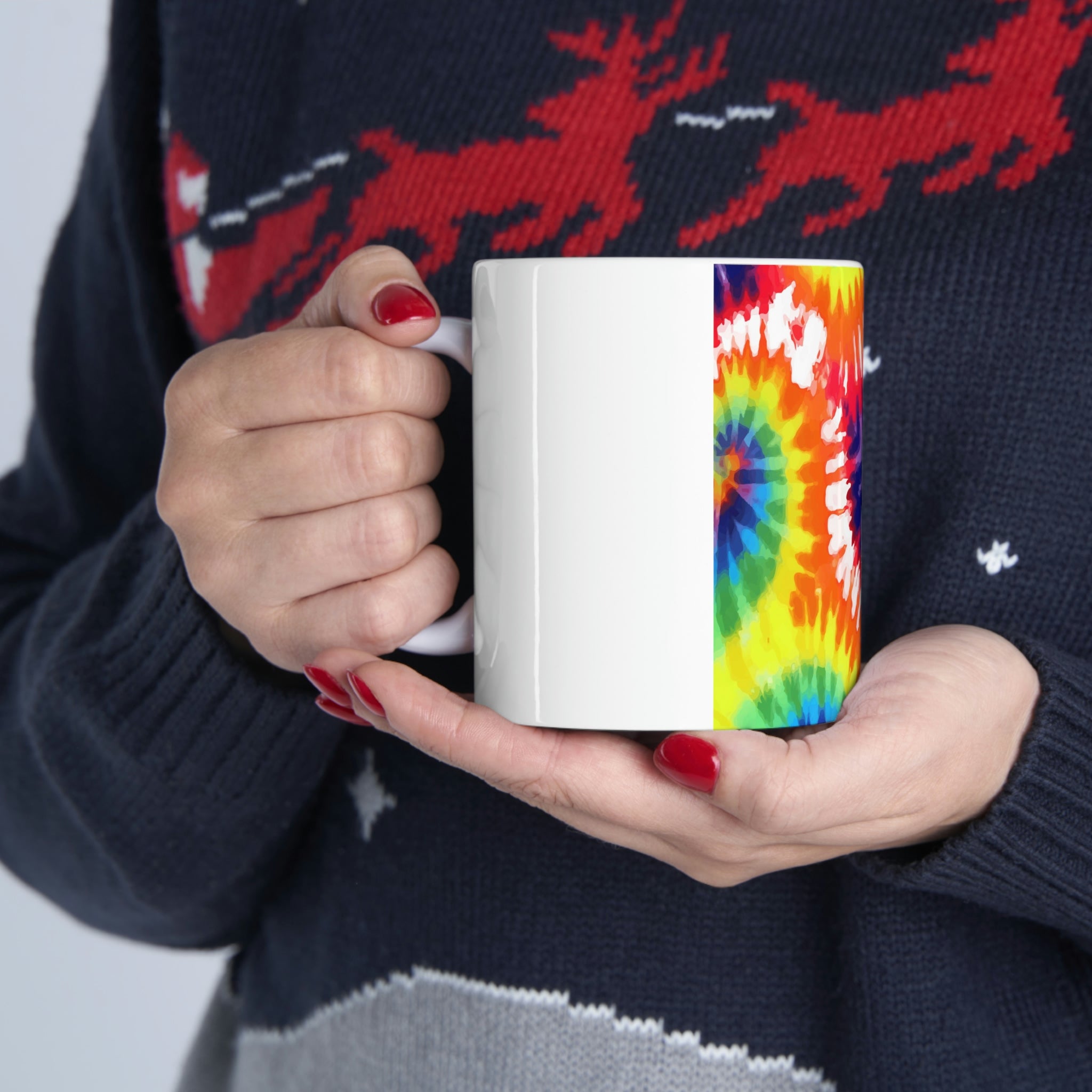 Psychedelic Rainbow Tie Dye Ceramic Mug with vibrant colors and unique design, perfect for coffee and tea lovers.