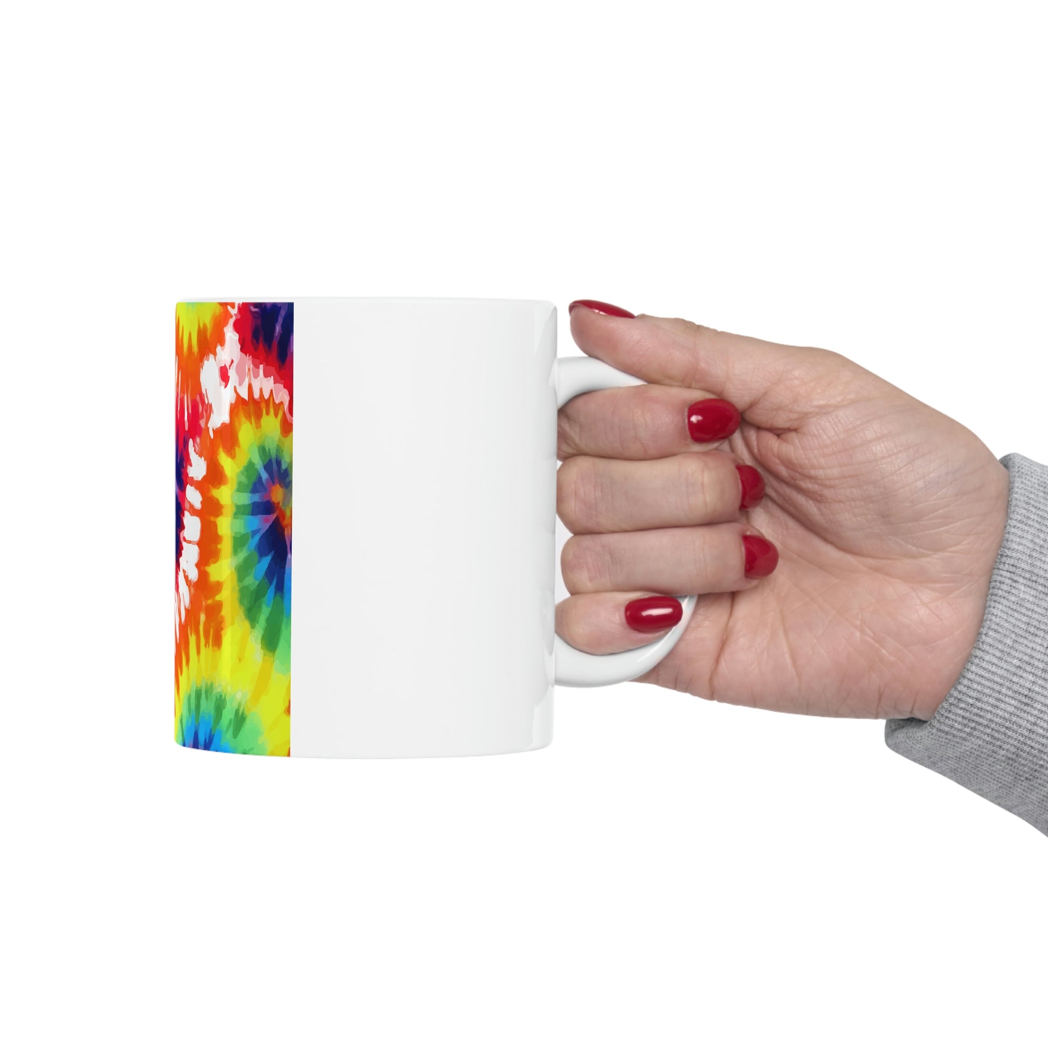 Psychedelic Rainbow Tie Dye Ceramic Mug with vibrant colors and unique design, perfect for coffee and tea lovers.