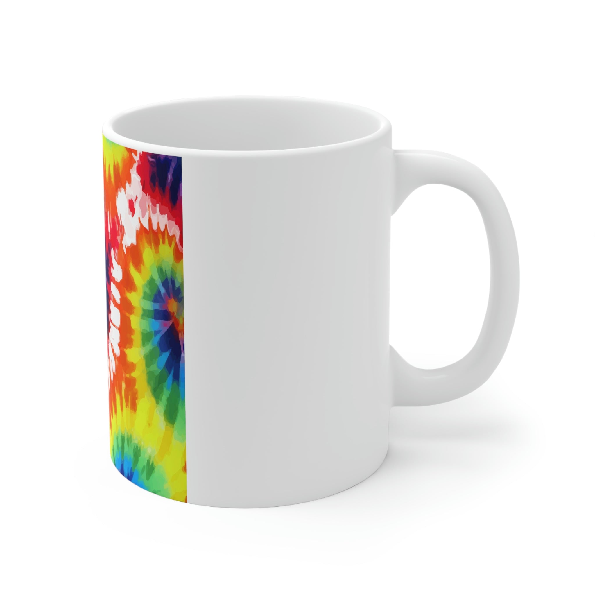 Psychedelic Rainbow Tie Dye Ceramic Mug with vibrant colors and unique design, perfect for coffee and tea lovers.