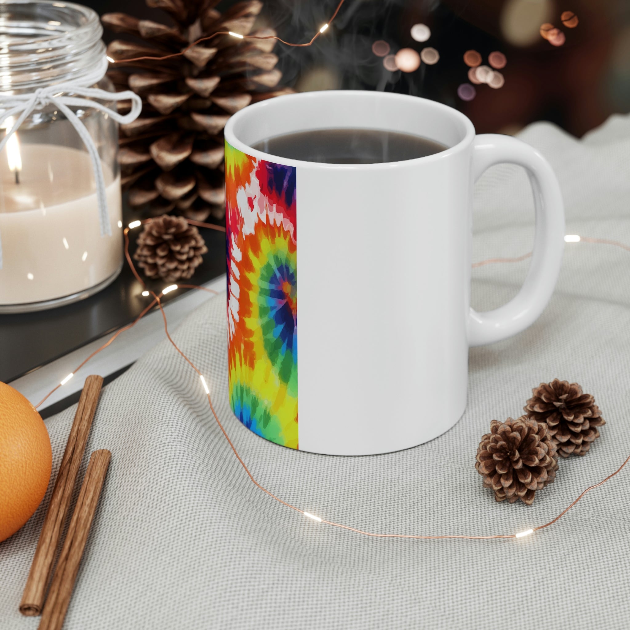 Psychedelic Rainbow Tie Dye Ceramic Mug with vibrant colors and unique design, perfect for coffee and tea lovers.