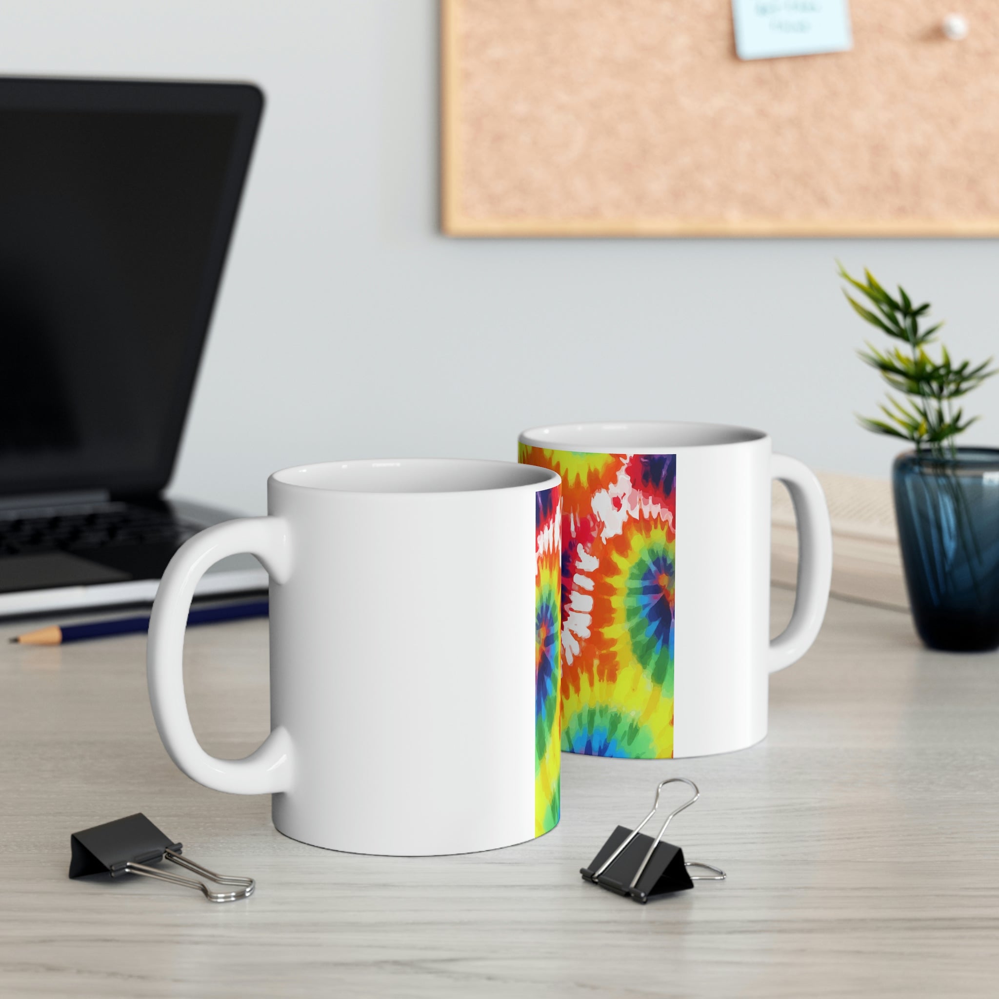 Psychedelic Rainbow Tie Dye Ceramic Mug with vibrant colors and unique design, perfect for coffee and tea lovers.