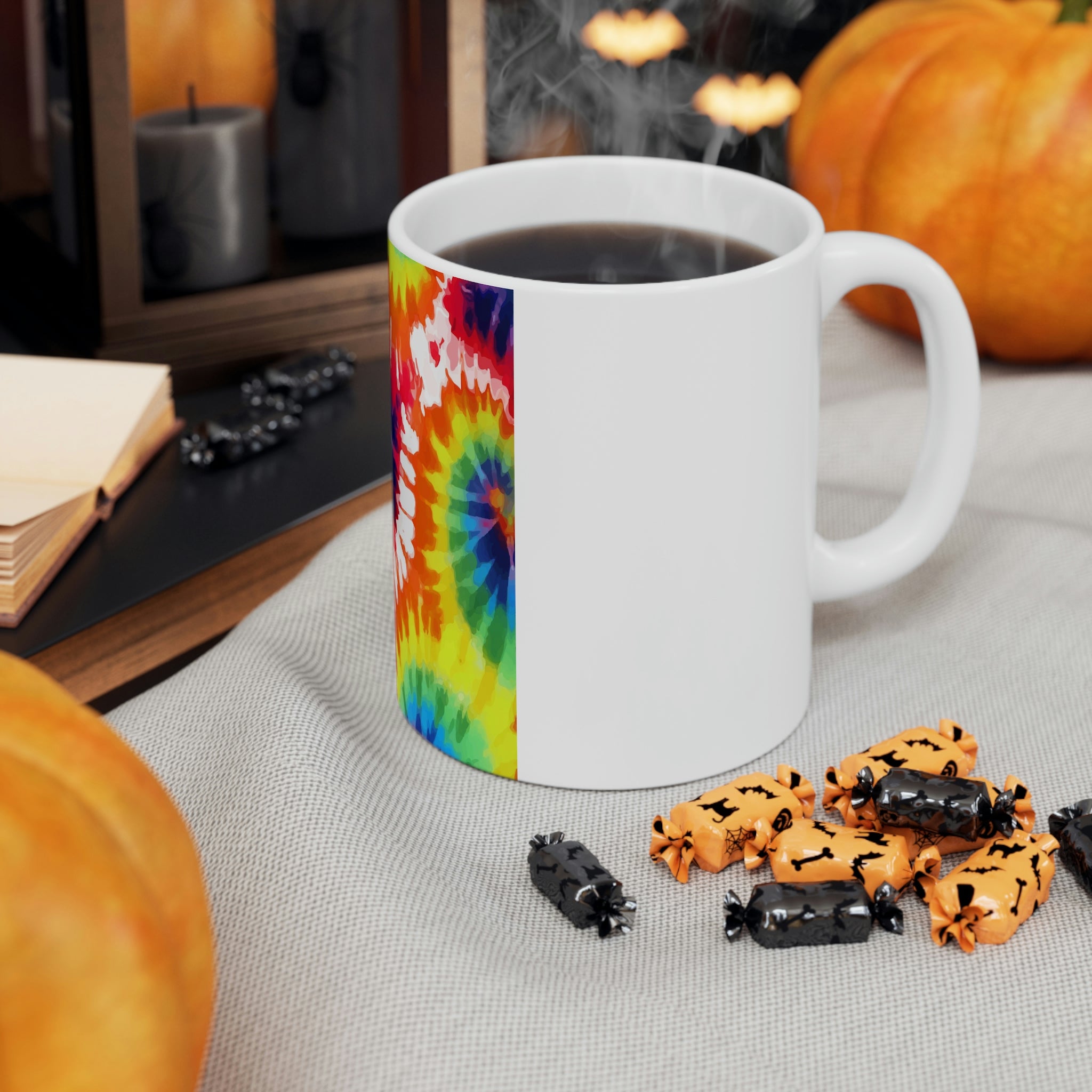 Psychedelic Rainbow Tie Dye Ceramic Mug with vibrant colors and unique design, perfect for coffee and tea lovers.