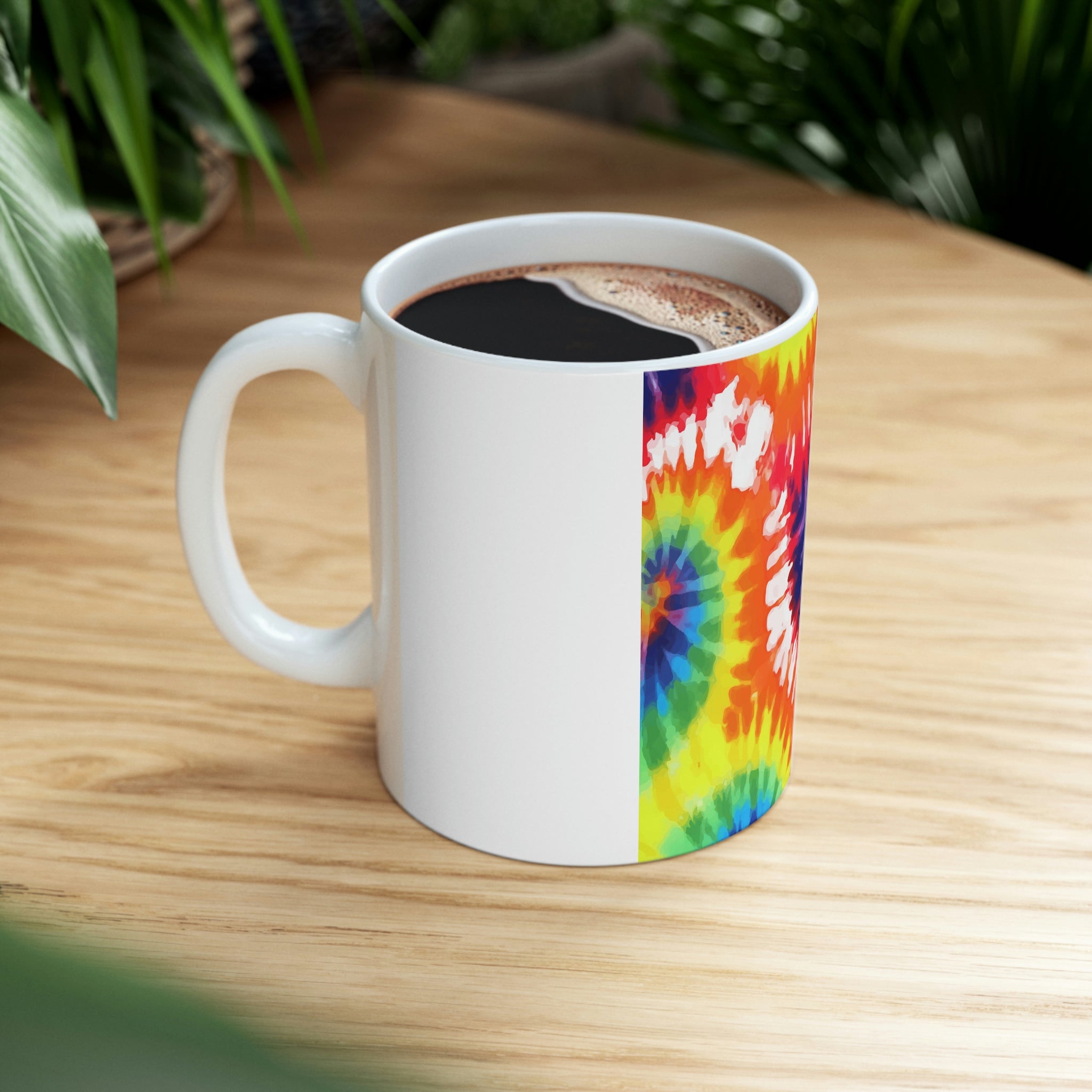 Psychedelic Rainbow Tie Dye Ceramic Mug with vibrant colors and unique design, perfect for coffee and tea lovers.