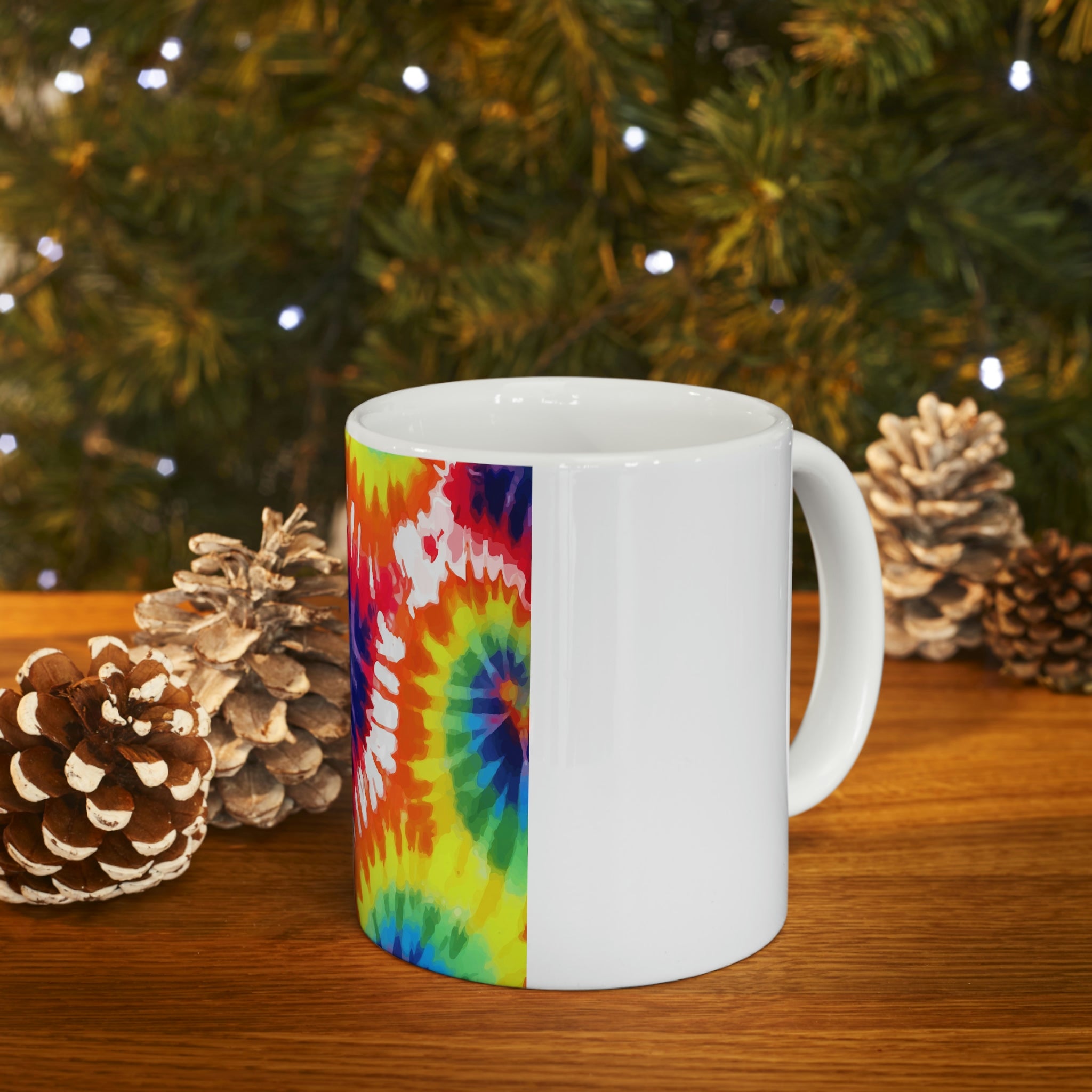 Psychedelic Rainbow Tie Dye Ceramic Mug with vibrant colors and unique design, perfect for coffee and tea lovers.