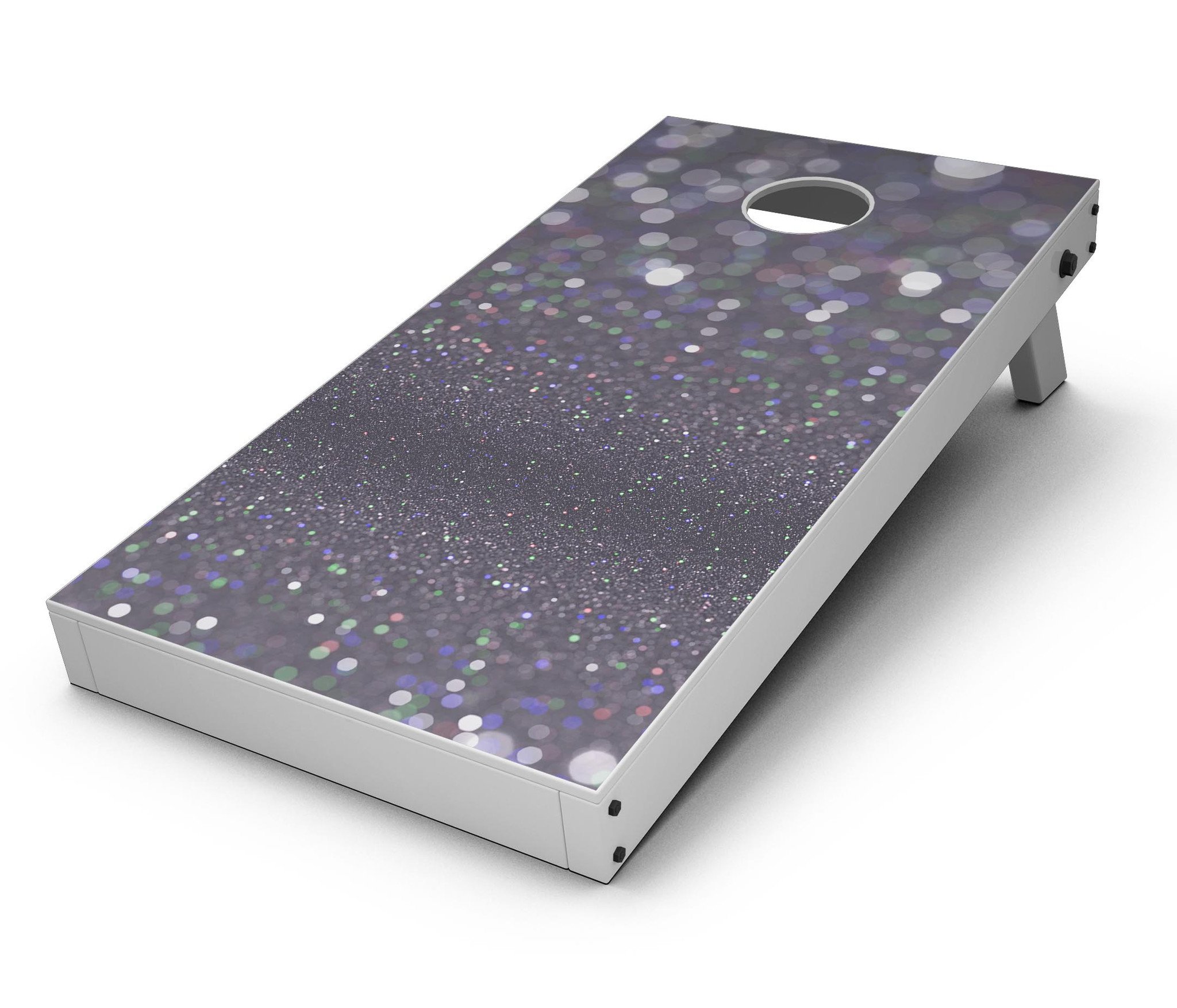 Purple and Black Unfocused Orbs of Light Cornhole Board Skin Decal Kit displayed on a wooden surface, showcasing vibrant colors and design.