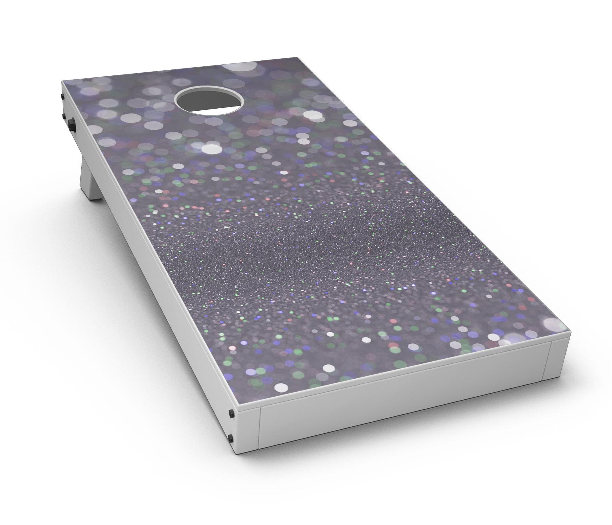 Purple and Black Unfocused Orbs of Light Cornhole Board Skin Decal Kit displayed on a wooden surface, showcasing vibrant colors and design.