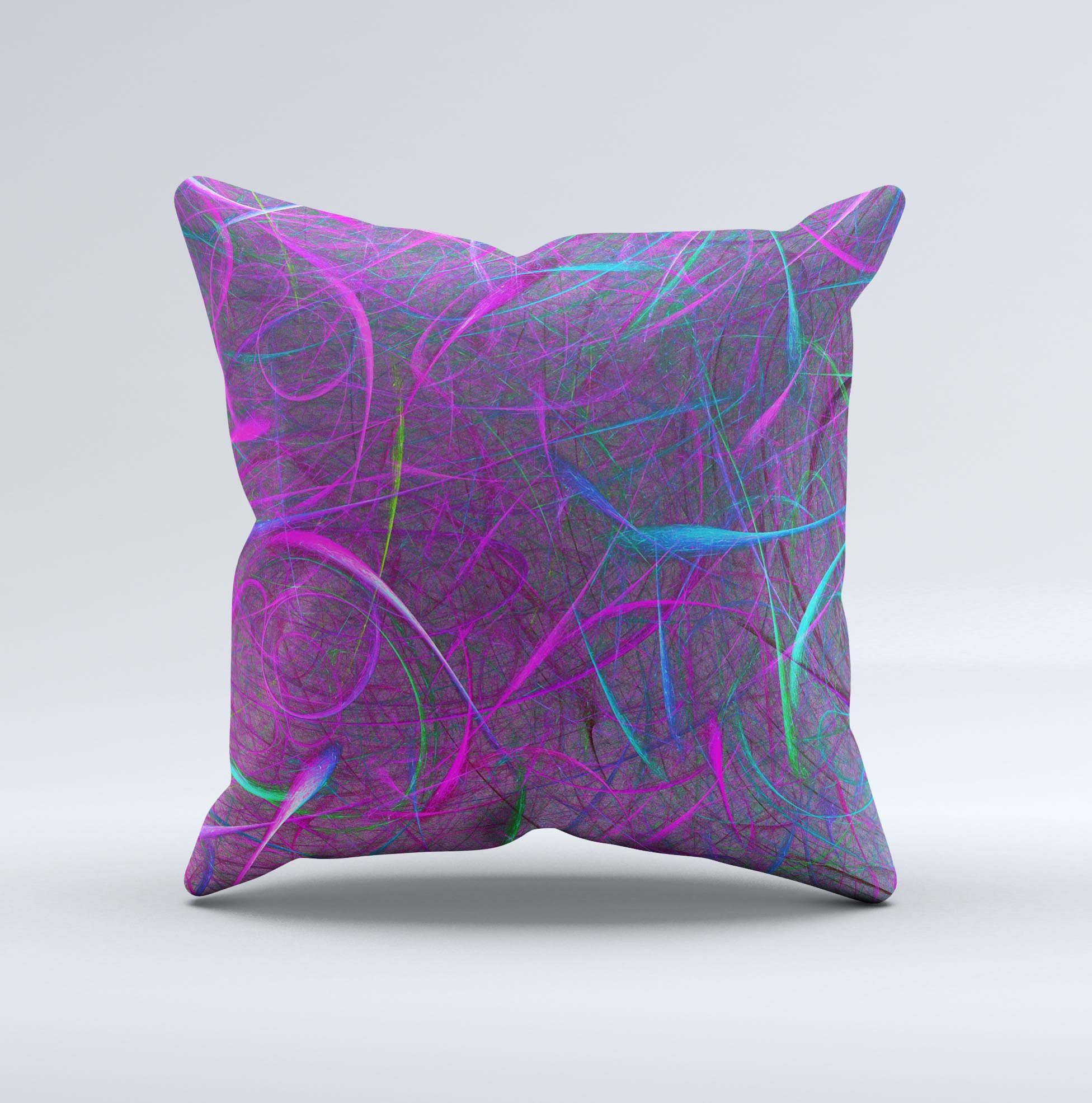Purple and blue decorative throw pillow with electric swirls design, handcrafted in Virginia, showcasing unique ink-fuzed graphics.