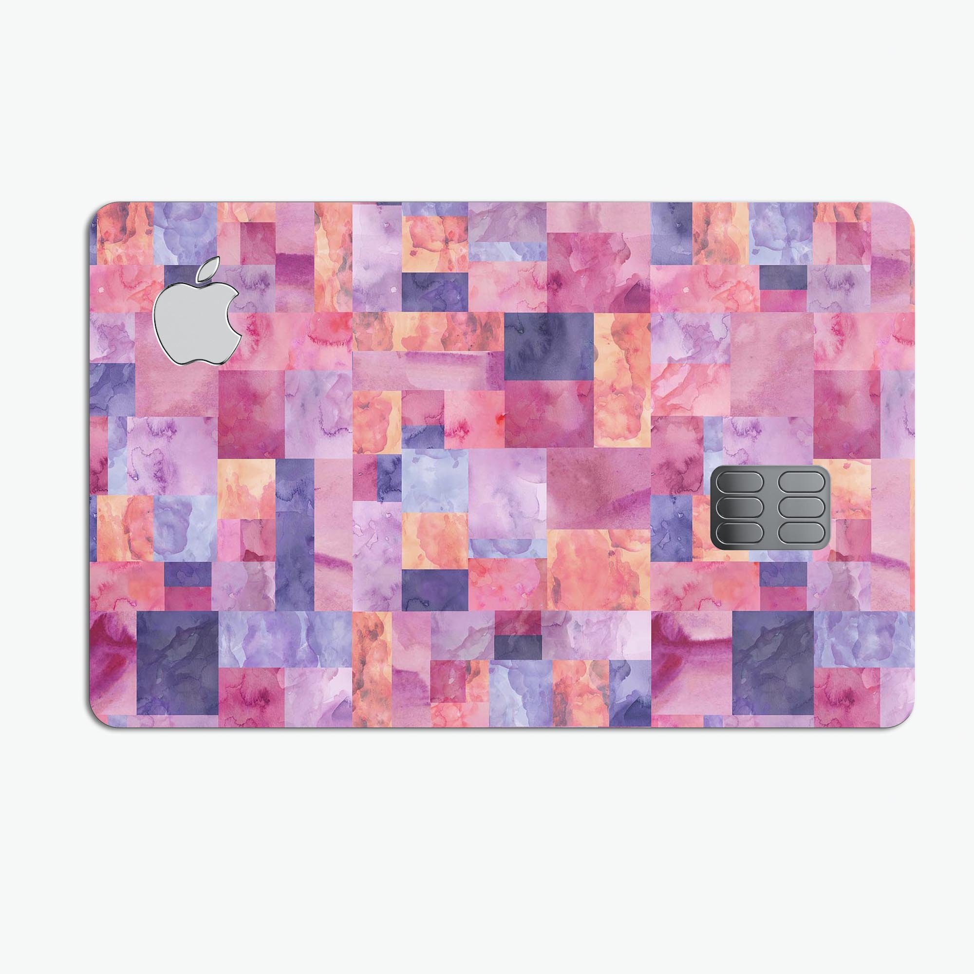 Purple and pink watercolor patchwork decal for Apple Card, showcasing vibrant colors and a stylish design.