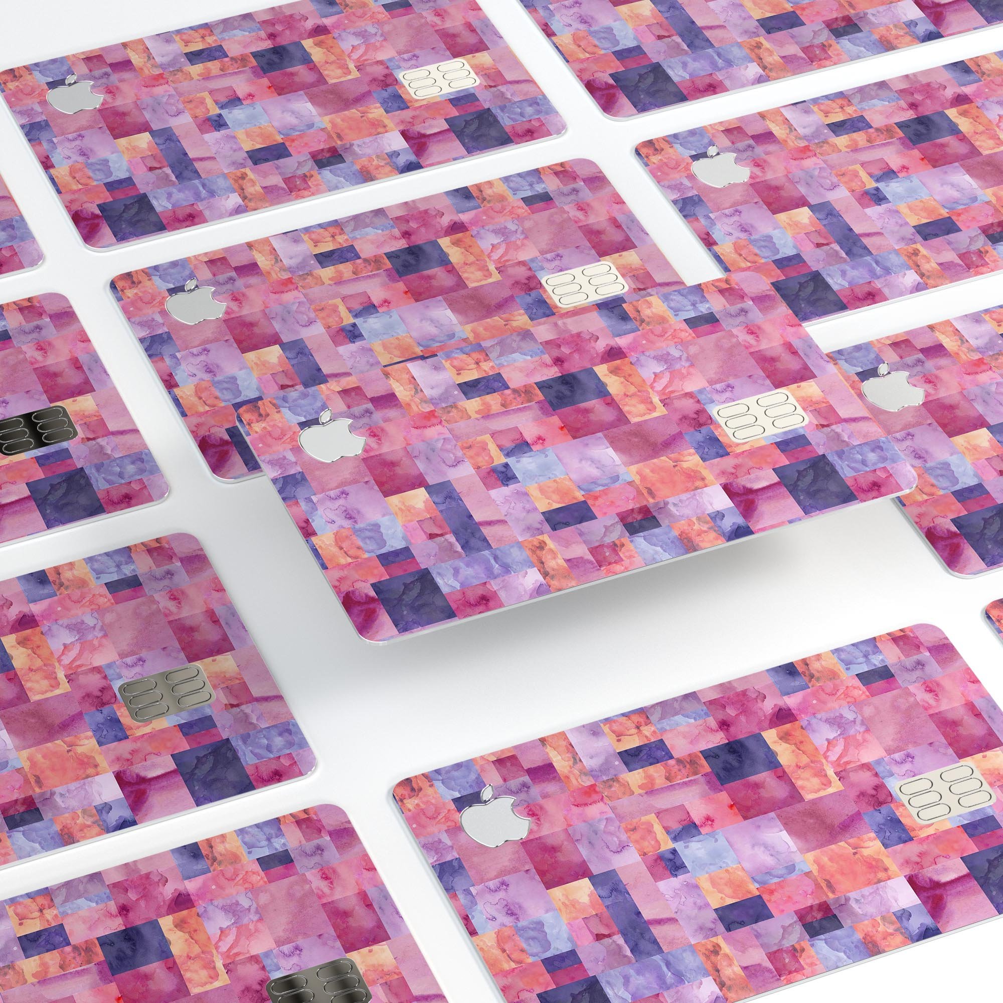 Purple and pink watercolor patchwork decal for Apple Card, showcasing vibrant colors and a stylish design.