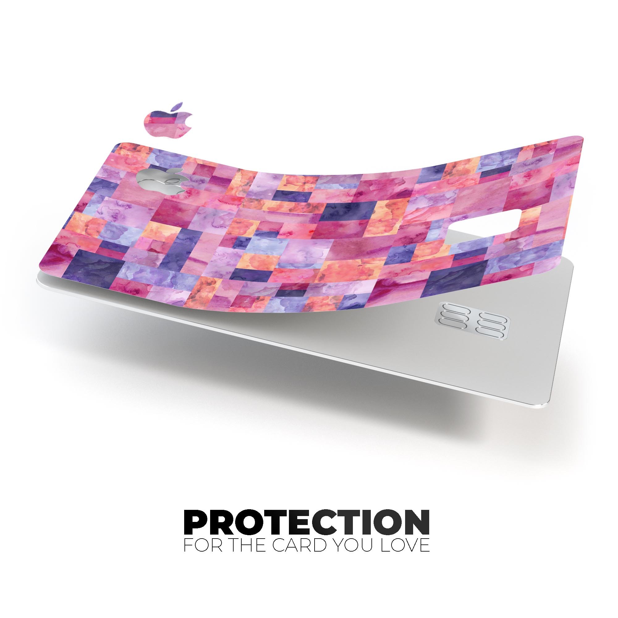 Purple and pink watercolor patchwork decal for Apple Card, showcasing vibrant colors and a stylish design.
