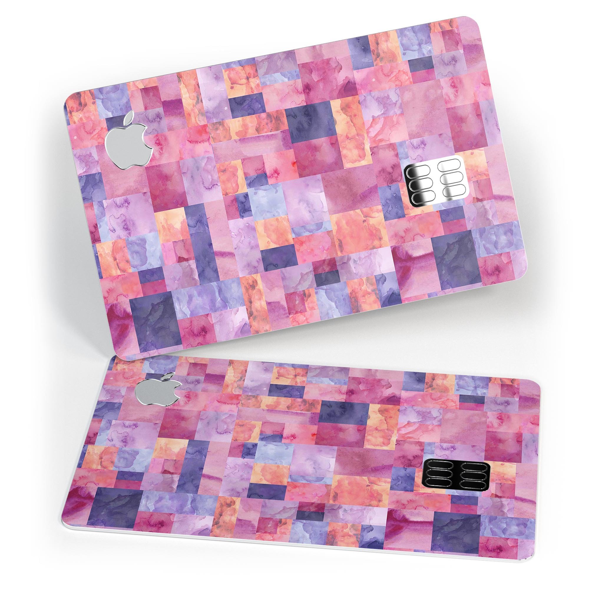 Purple and pink watercolor patchwork decal for Apple Card, showcasing vibrant colors and a stylish design.