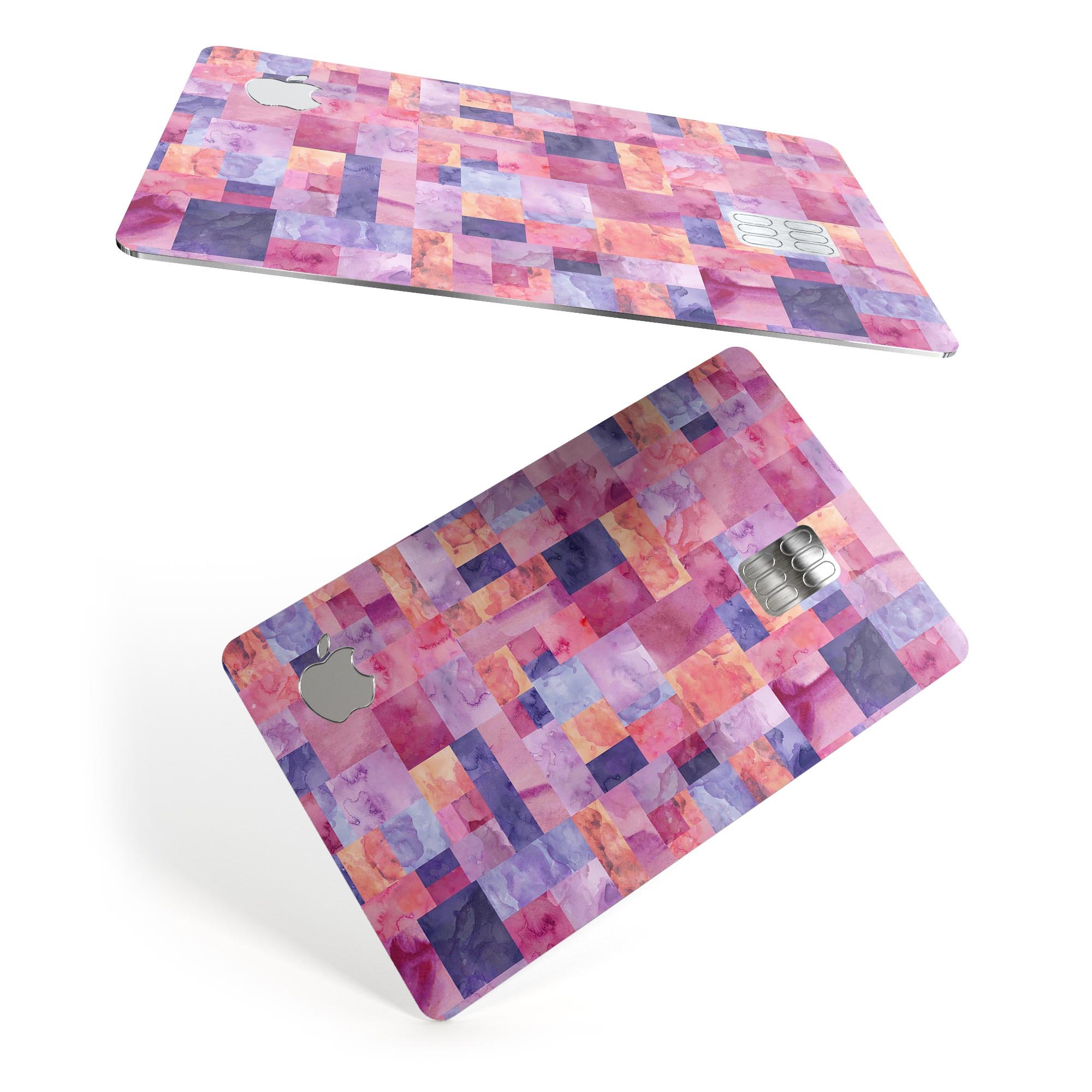 Purple and pink watercolor patchwork decal for Apple Card, showcasing vibrant colors and a stylish design.