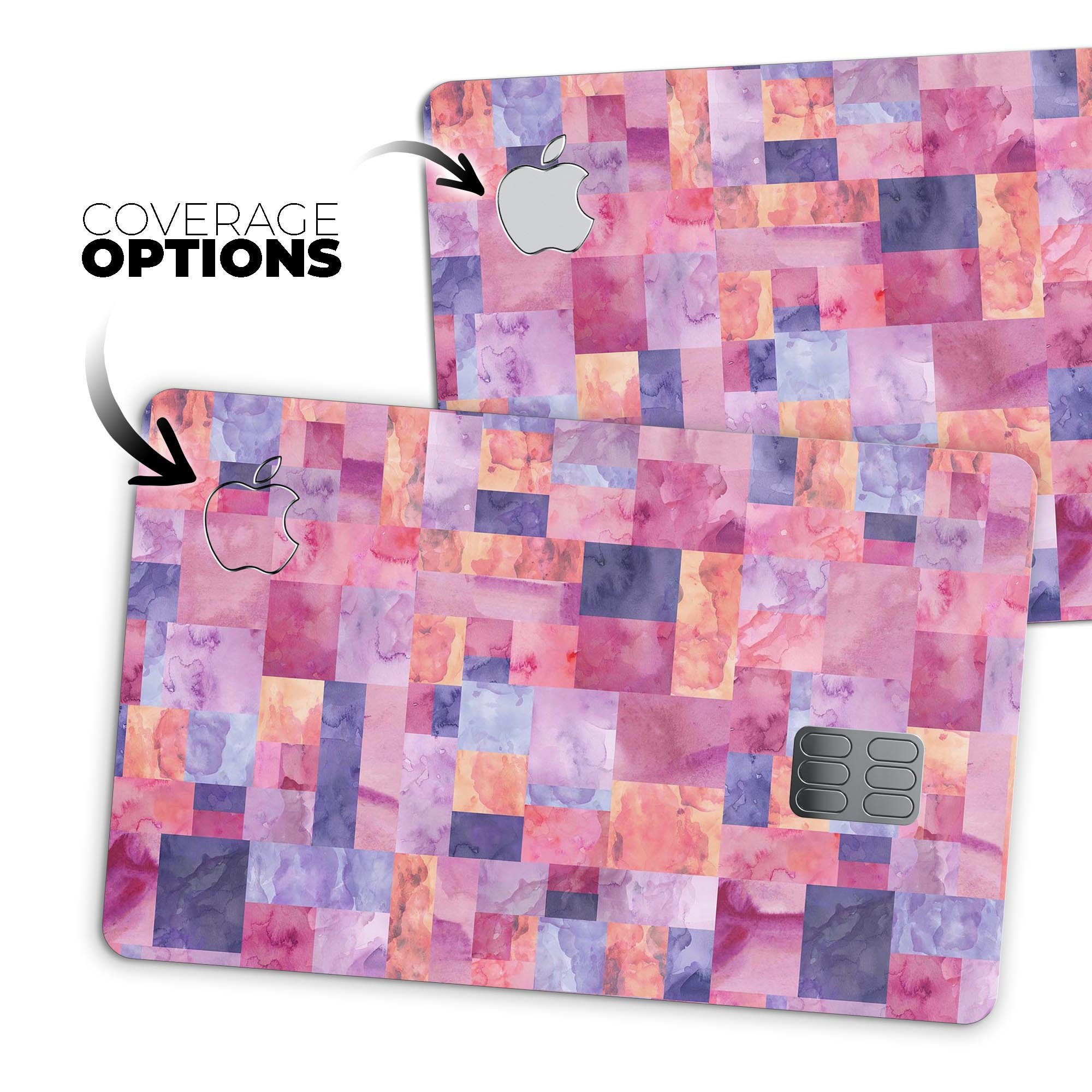 Purple and pink watercolor patchwork decal for Apple Card, showcasing vibrant colors and a stylish design.