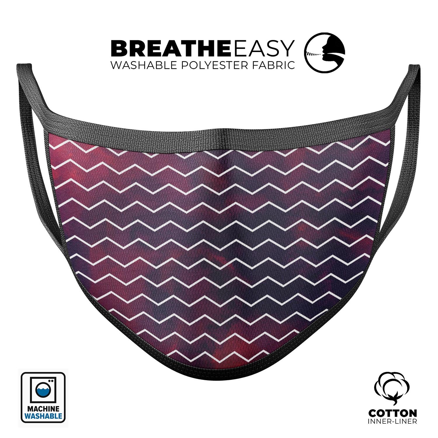 Purple and red grunge clouds face mask with white chevron pattern, showcasing adjustable ear-loop bands and soft cotton material.