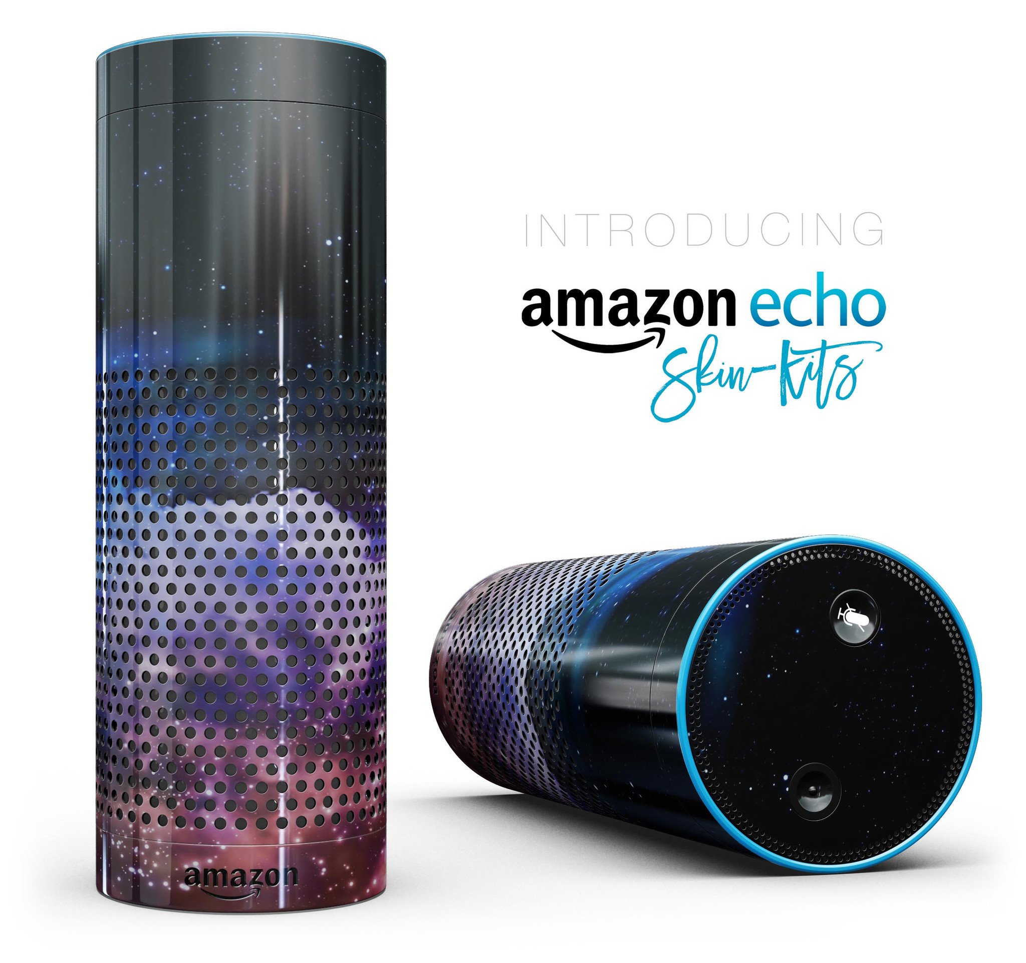 Purple Blue and Pink Cloud Galaxy skin-kit for Amazon Echo, showcasing vibrant colors and precise cutouts for full-body protection.