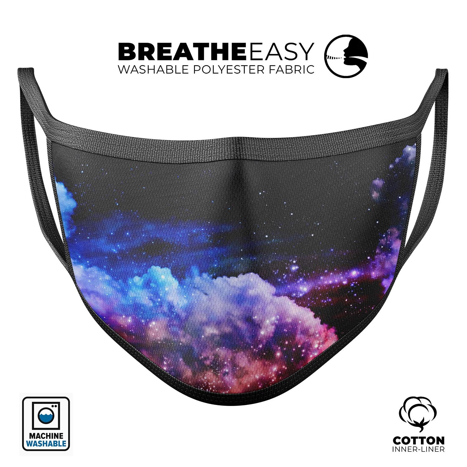 Purple Blue and Pink Cloud Galaxy mouth cover, showcasing vibrant colors and a comfortable design, made in the USA.