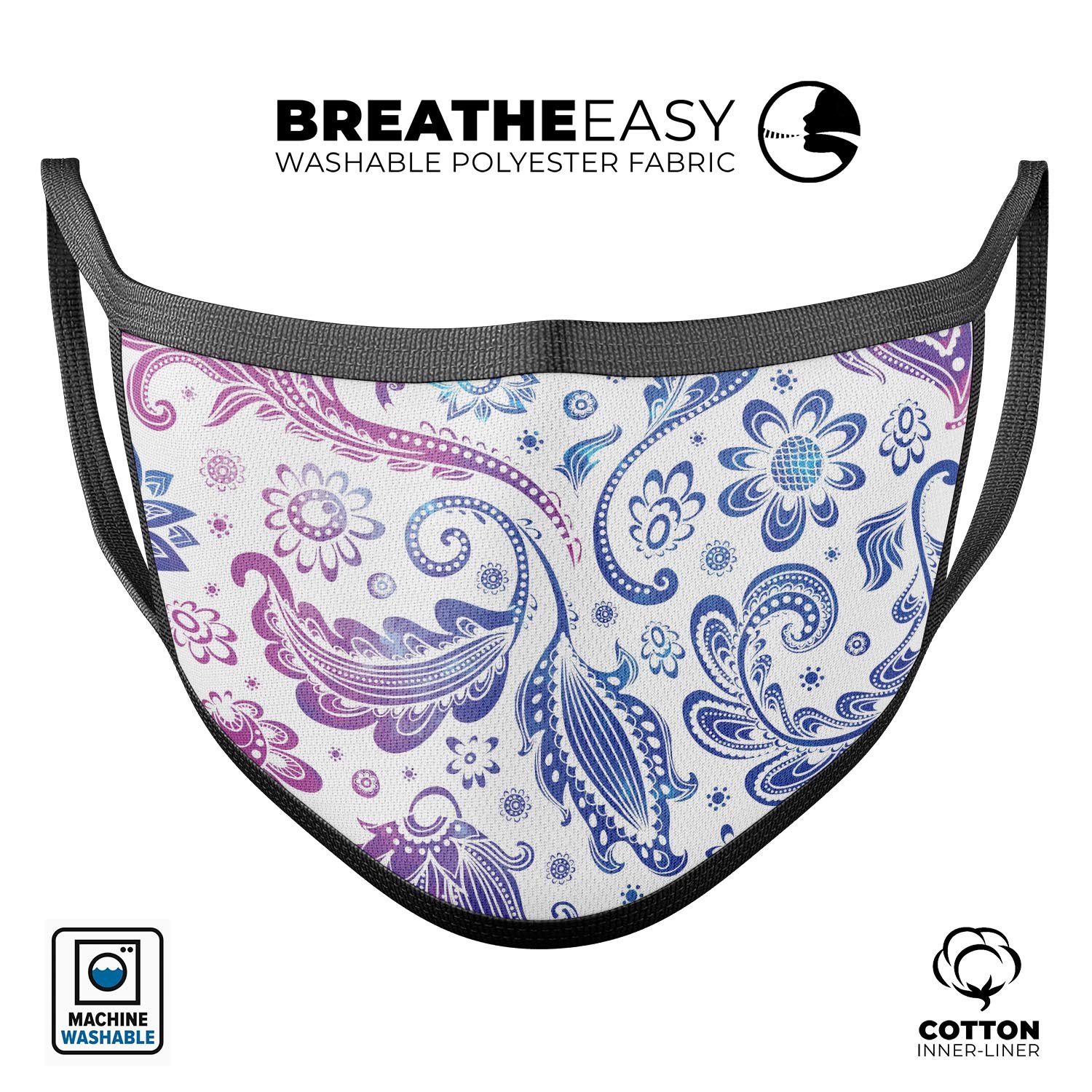 Purple and blue flowered reusable mouth cover, made in the USA, featuring adjustable ear loops and a comfortable cotton interior.