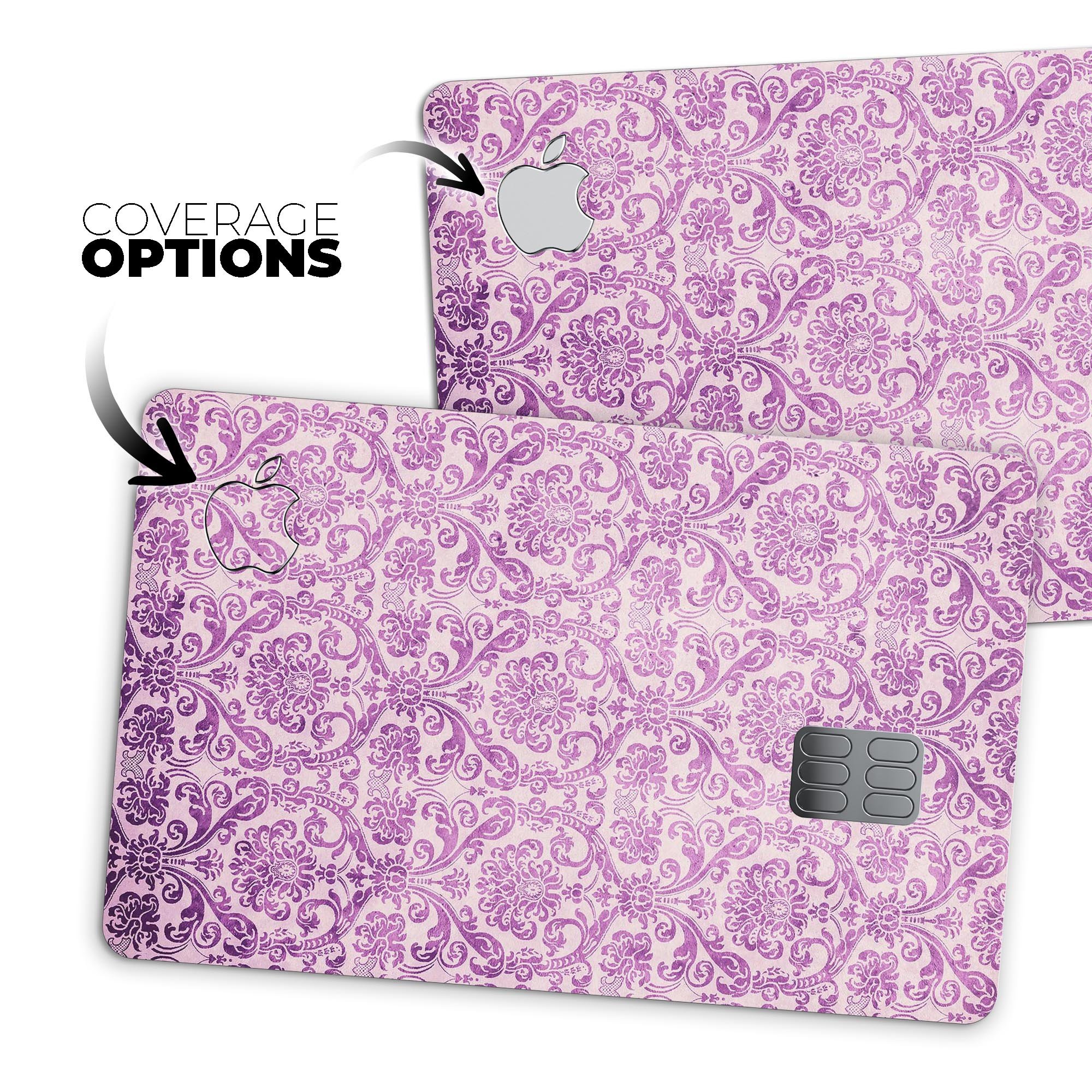 Purple Damask Grunge Pattern skin for Apple Card, showcasing a stylish design with protective features.