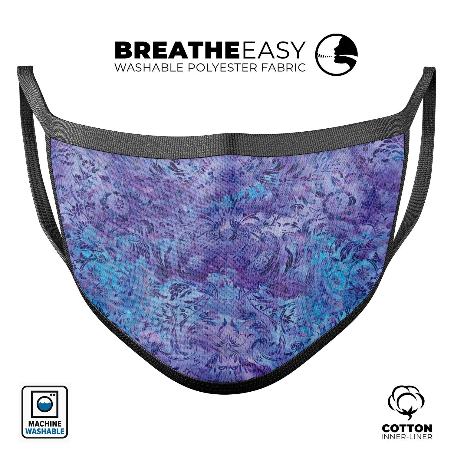 Purple Damask v2 Watercolor Pattern face mask, showcasing vibrant colors and adjustable ear loops for a perfect fit.