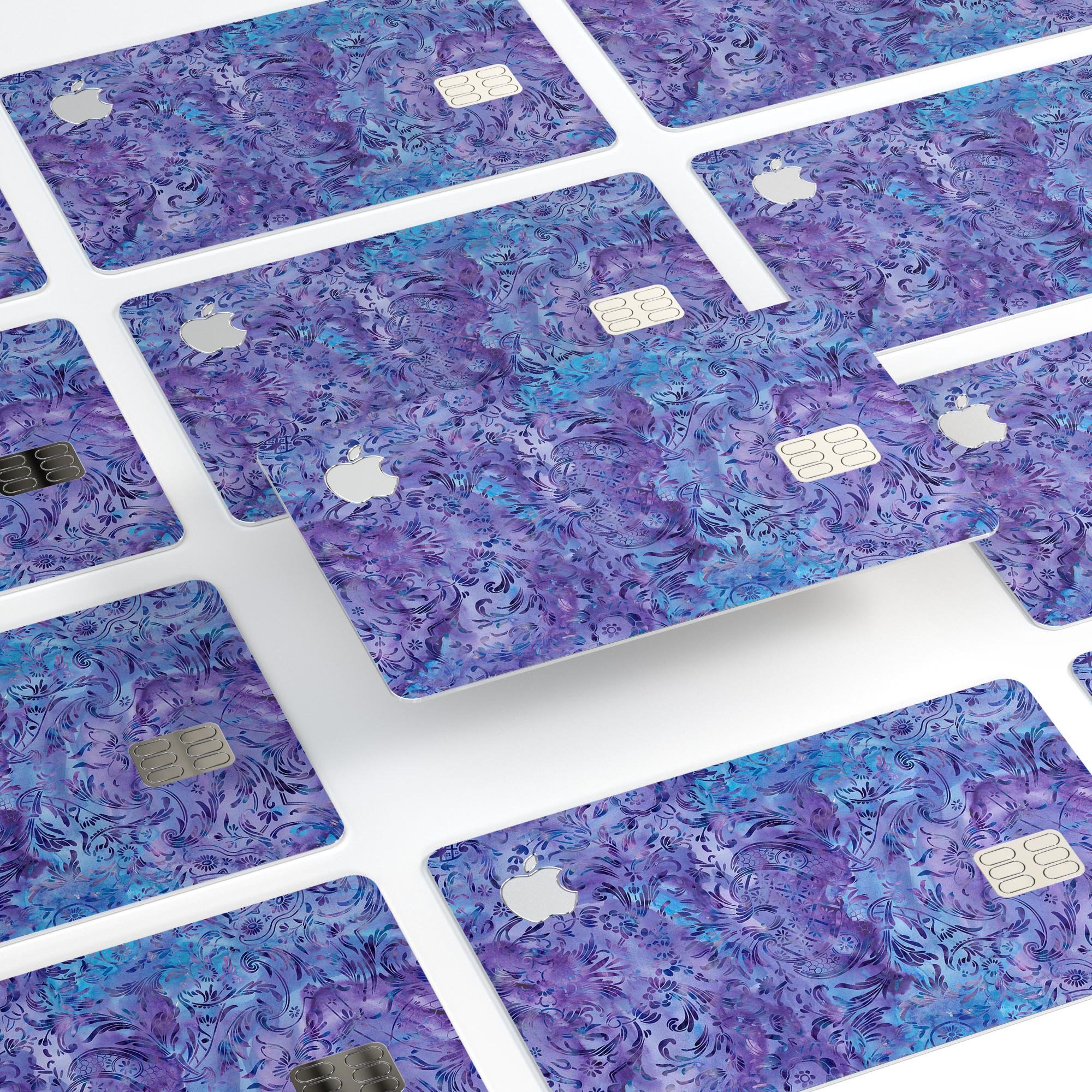 Purple Damask v2 Watercolor Pattern decal on an Apple Card, showcasing its elegant design and premium finish.