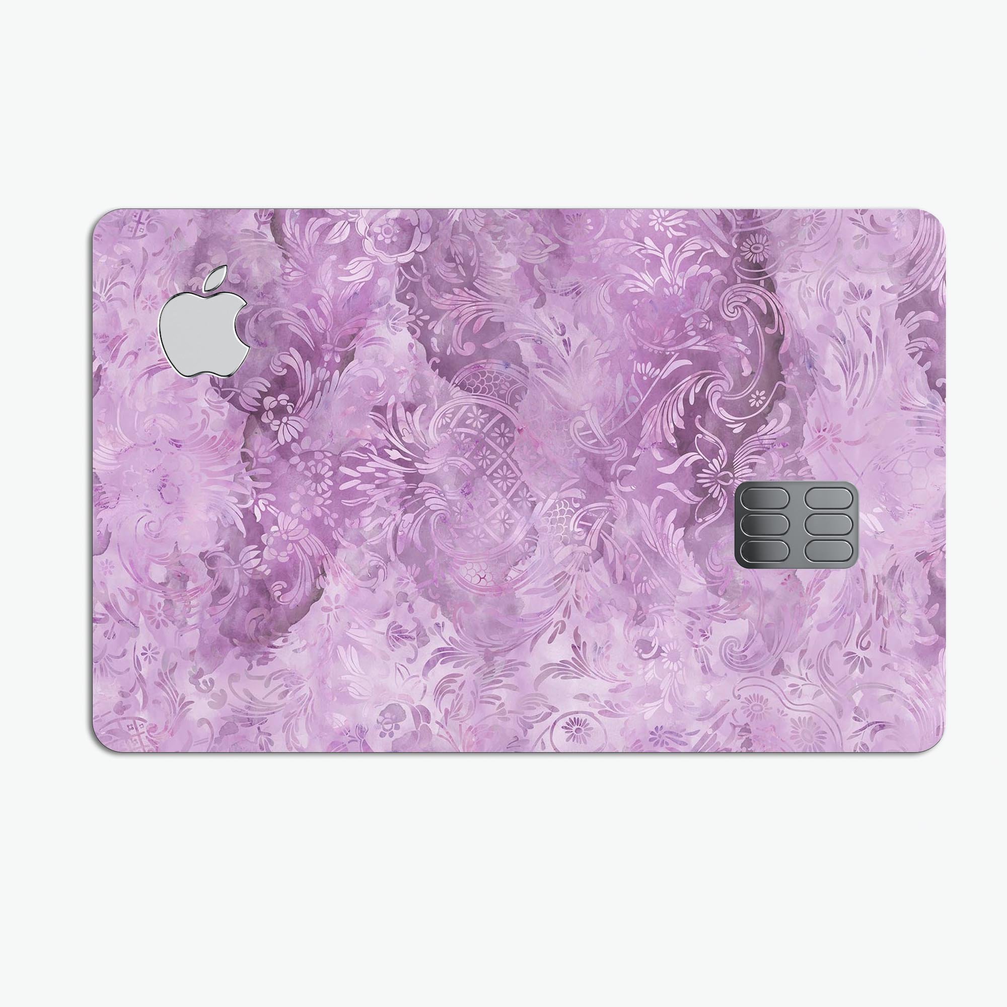 Purple Damask v2 Watercolor Pattern decal on an Apple Card, showcasing its vibrant design and premium quality.