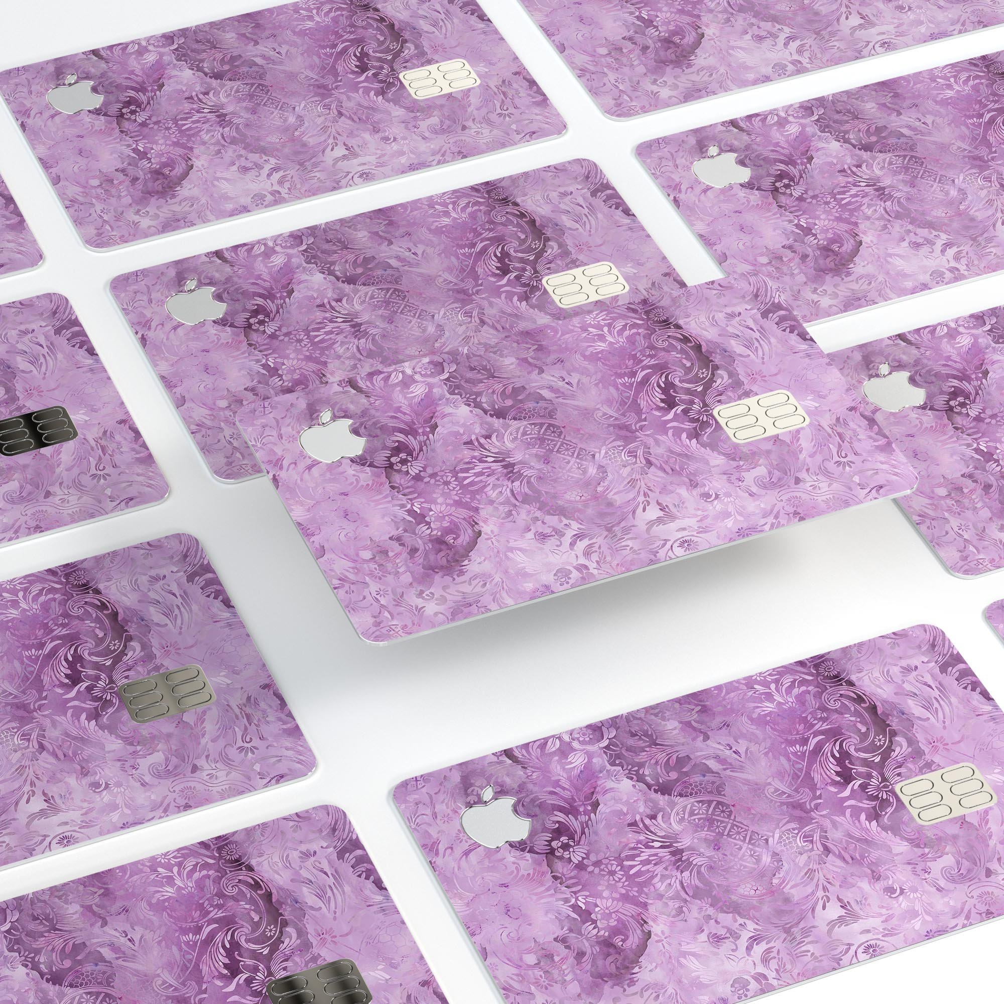 Purple Damask v2 Watercolor Pattern decal on an Apple Card, showcasing its vibrant design and premium quality.