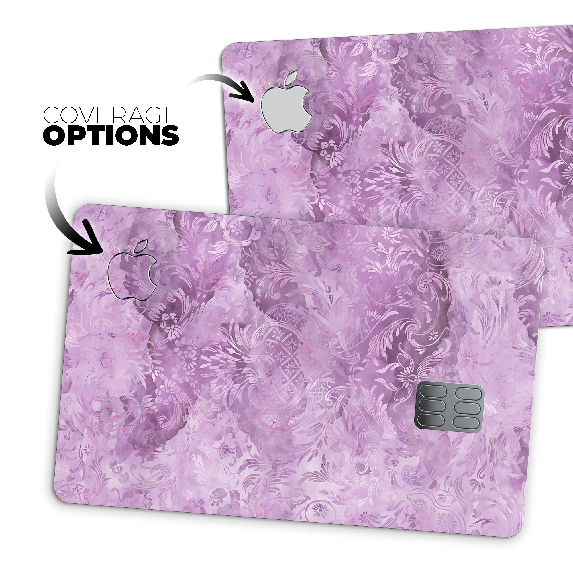 Purple Damask v2 Watercolor Pattern decal on an Apple Card, showcasing its vibrant design and premium quality.
