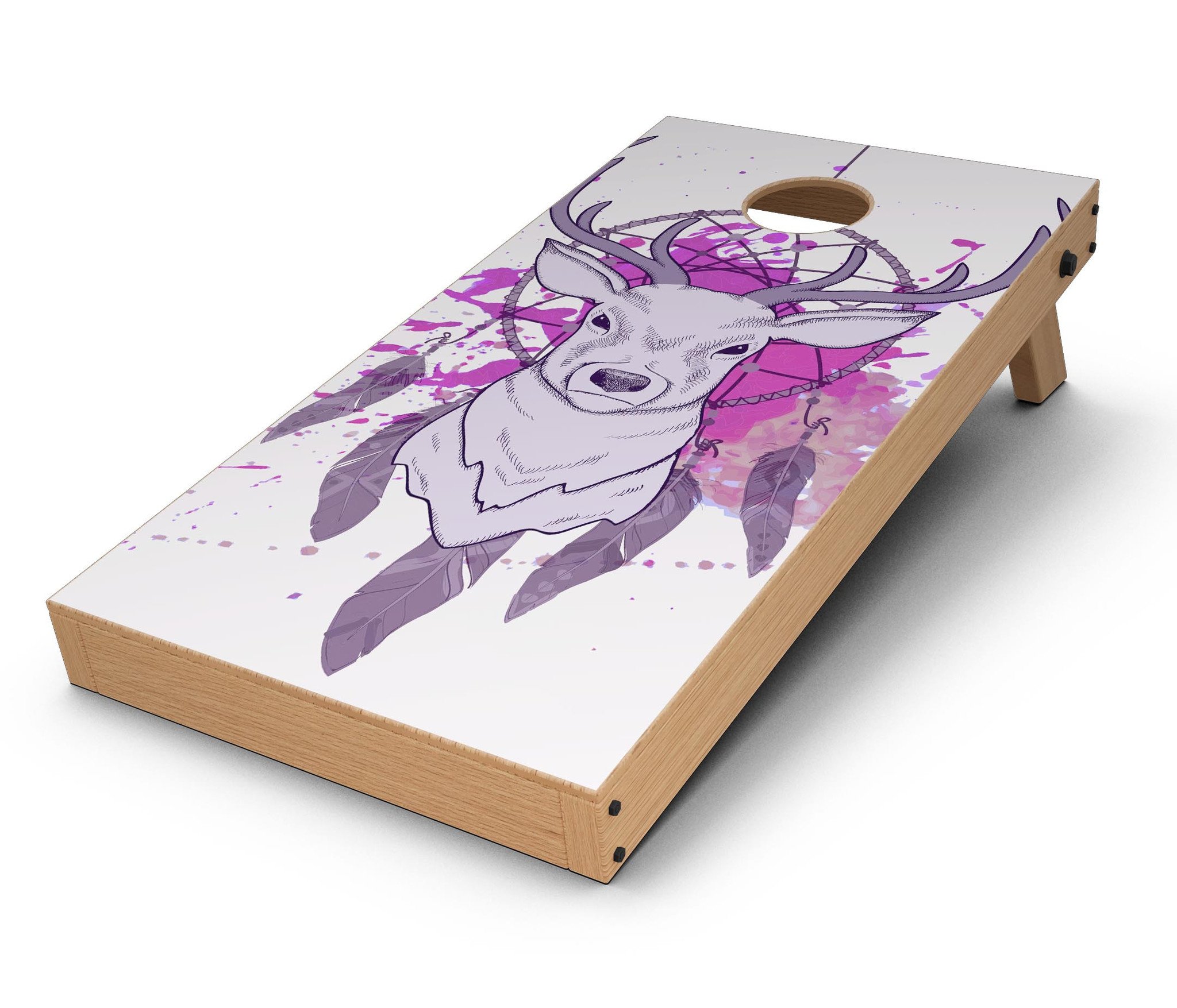 Purple Deer Runner DreamCatcher CornHole Board Skin Decal Kit featuring vibrant colors and intricate design for custom Cornhole boards.