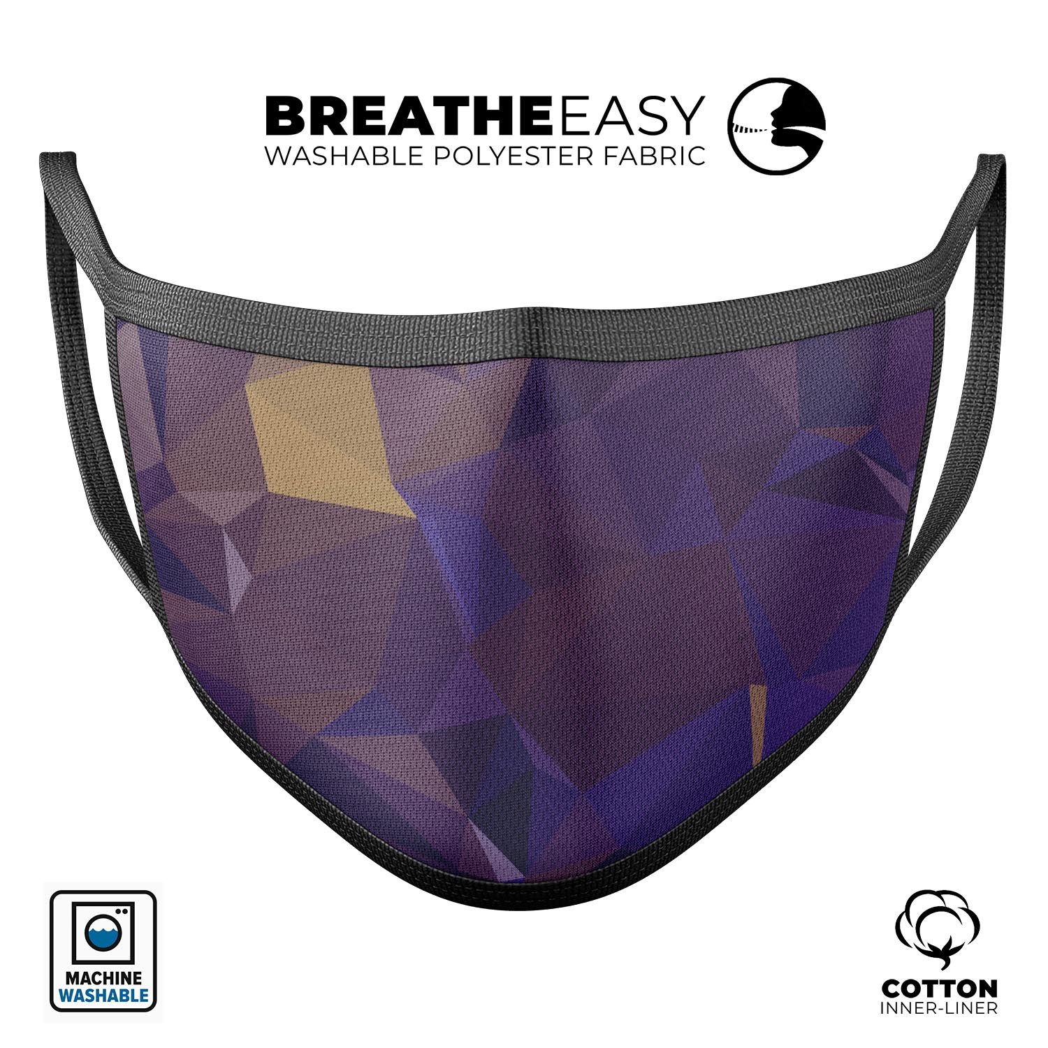 Purple Geometric V12 mouth cover, unisex anti-dust cotton mask with adjustable ear loops, made in the USA.