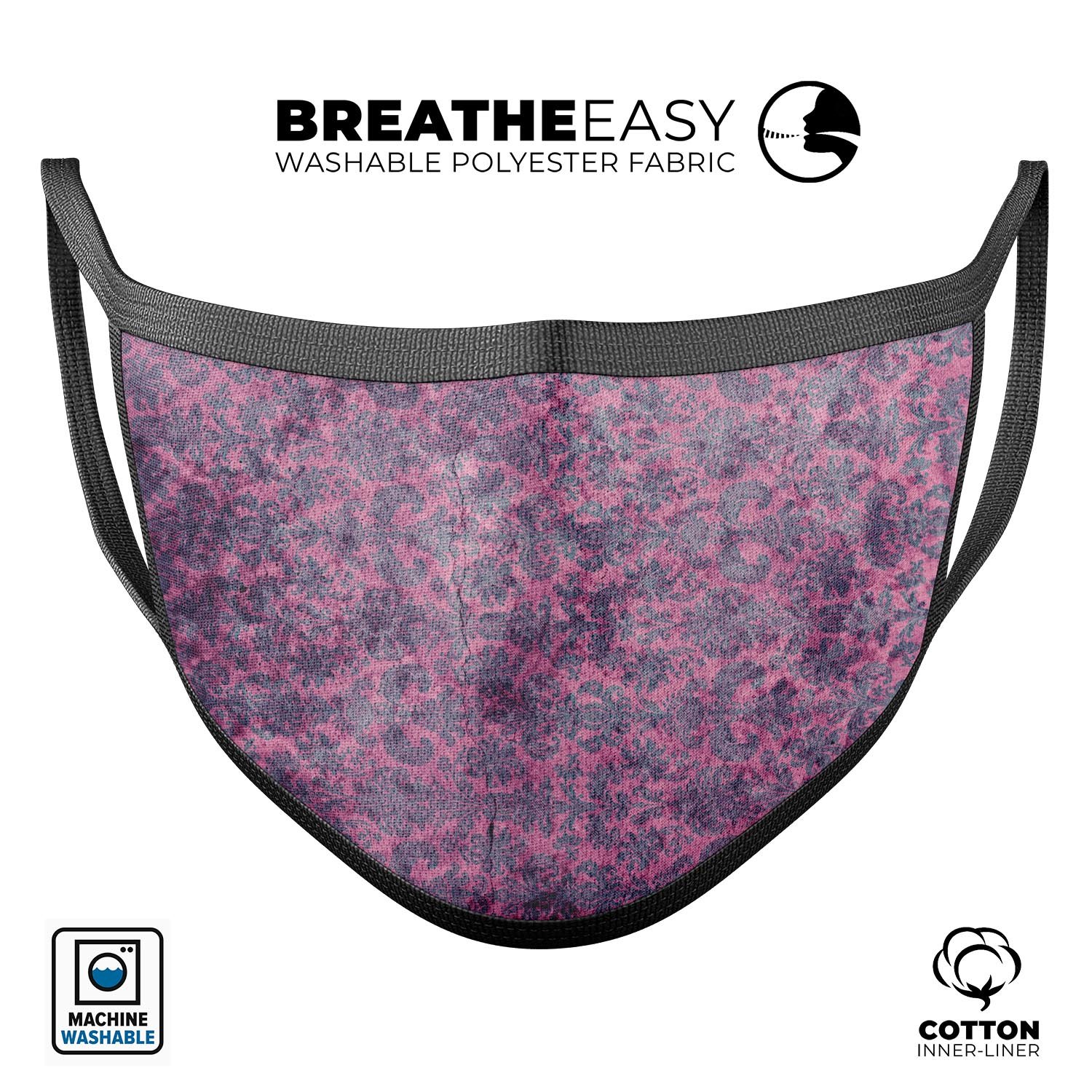 Purple Grungy Royal Pattern mouth cover, showcasing a stylish design with adjustable ear loops, made from soft cotton and memory foam.