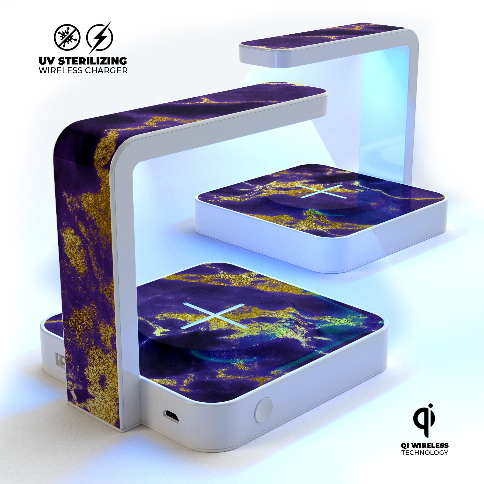 Purple Marble & Digital Gold Foil V3 UV Germicidal Sanitizing Wireless Charger with decorative skin, USB cable, and sterilizing lamp feature.